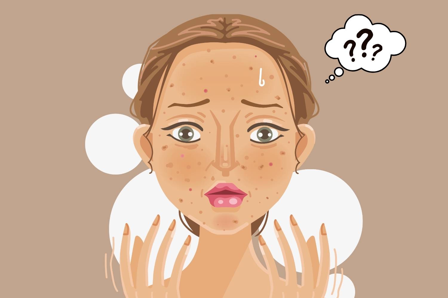 Illustration einer Frau mit Hautproblemen und Fragezeichen – Schwarzkümmelöl als natürliche Lösung gegen Unreinheiten.
