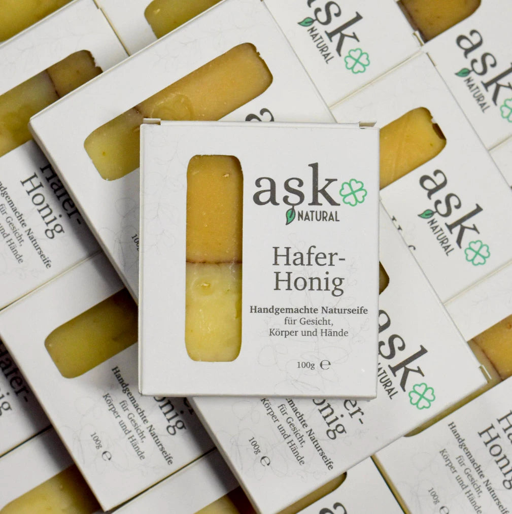 Hafer-Honig Seife in Verpackung – handgemachte Naturseife aus kleinen Chargen.
