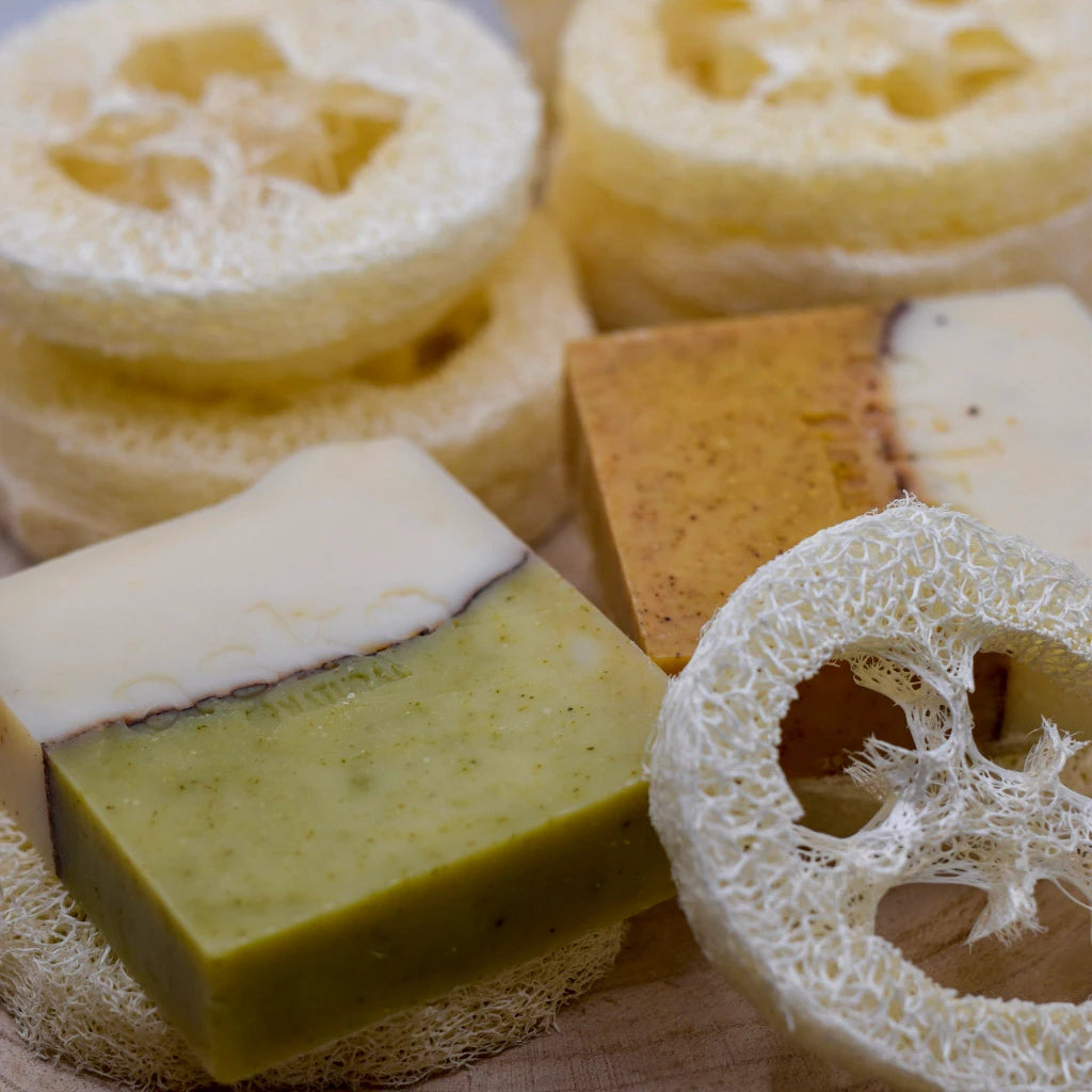 Luffa Seifenablage mit Naturseifen – nachhaltige Unterlage für trockene, hygienische Aufbewahrung.