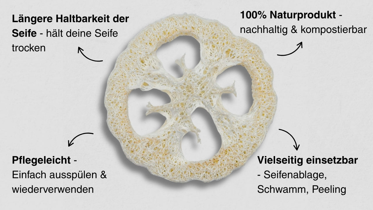 vorteile einer luffa scheibe als Seifenunterlage. 100% Naturprodukt und bioloisch abbaubar.