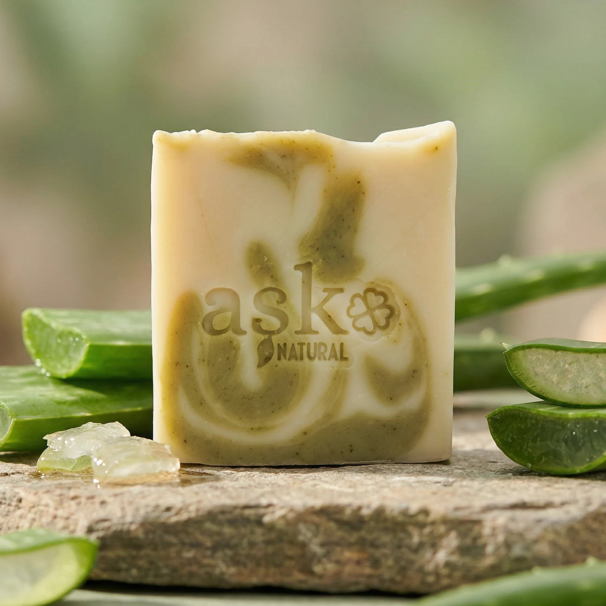 Handgemachte Aloe Vera Seife 100g von ASK Natural mit frischen Aloe Vera Blättern auf Naturstein.