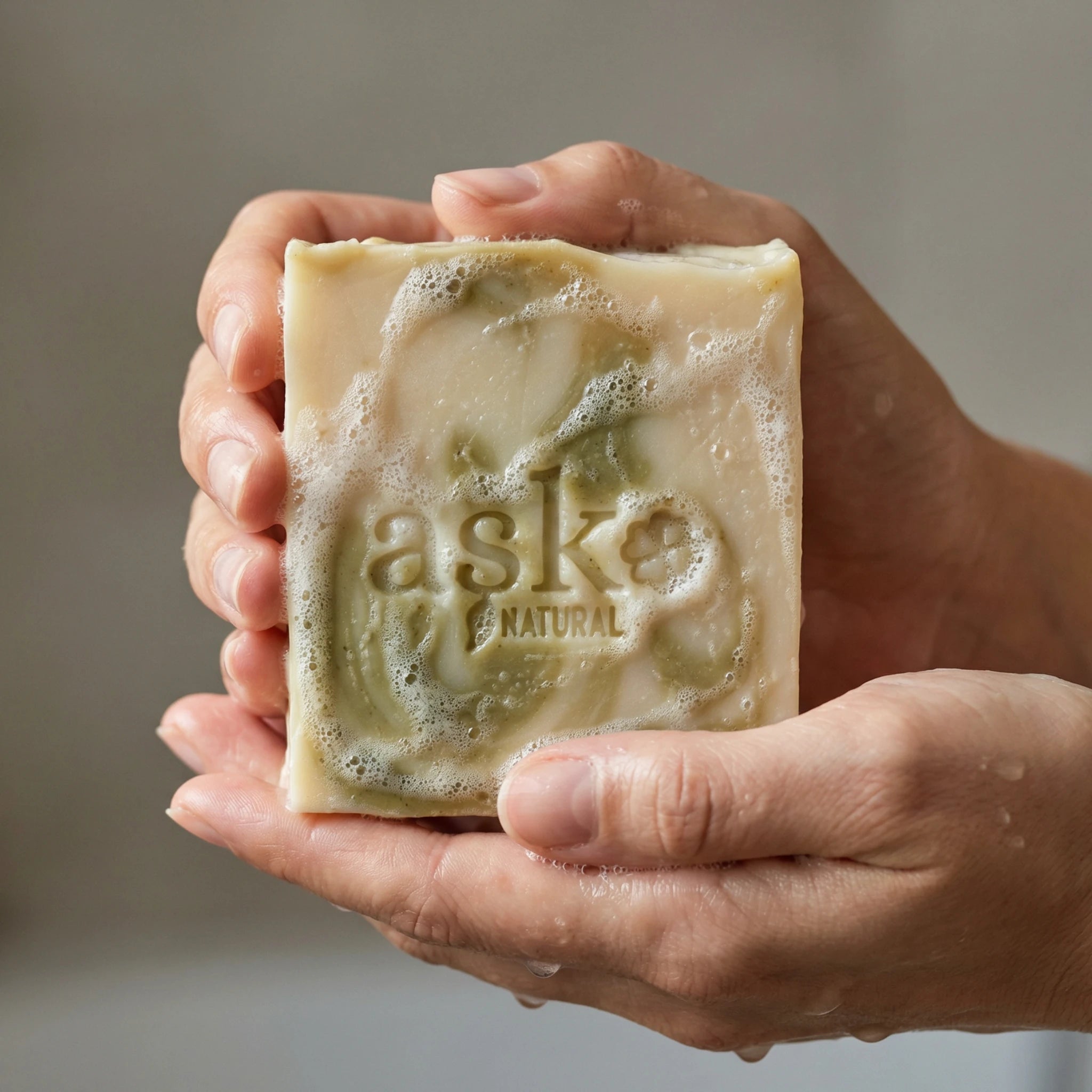 Nahaufnahme einer handgemachten Aloe Vera Seife von ASK Natural mit natürlicher Textur und cremigem Schaum in den Händen, hergestellt im traditionellen Kaltverfahren.