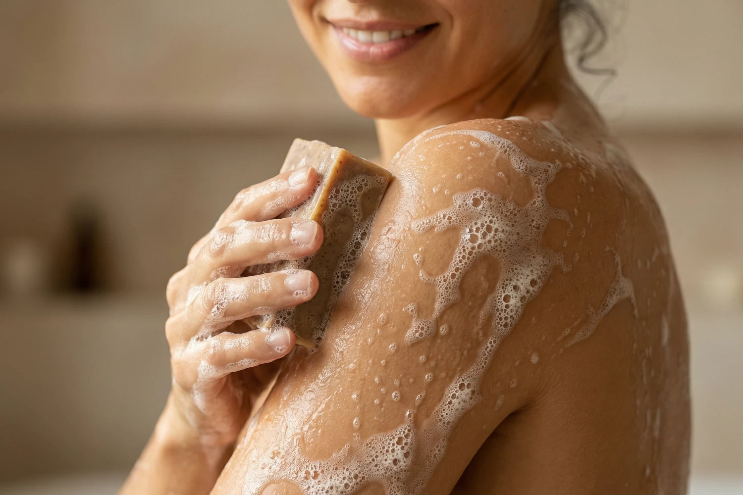 Anwendung einer handgemachten Argan Naturseife von ASK Natural bei der täglichen Hautpflege.