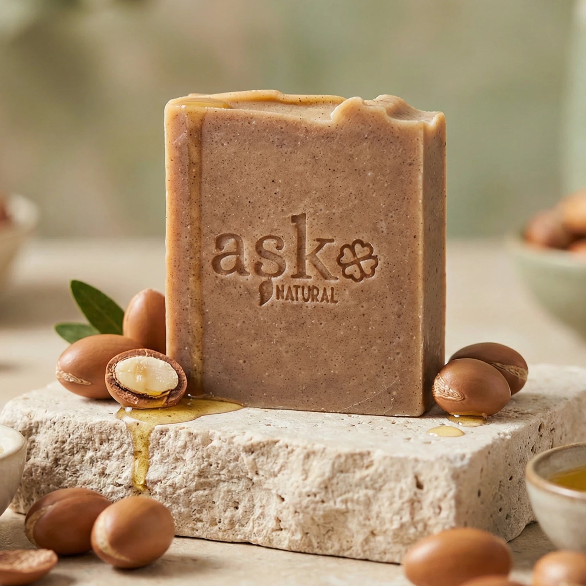 Handgemachte Arganöl Seife 100g von ASK Natural mit Argannüssen auf Naturstein dekoriert.