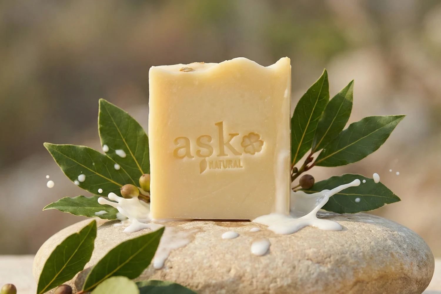 Handgemachte Eselsmilch Naturseife von ASK Natural mit natürlichen Inhaltsstoffen auf Stein, in natürlicher Umgebung.