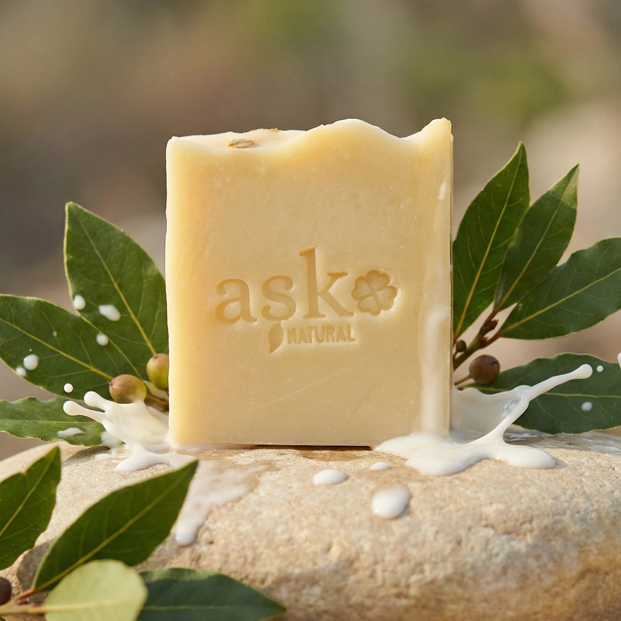 Handgemachte Eselsmilch Seife 100g von ASK Natural mit Eselsmilch und grünen Blättern auf Naturstein.