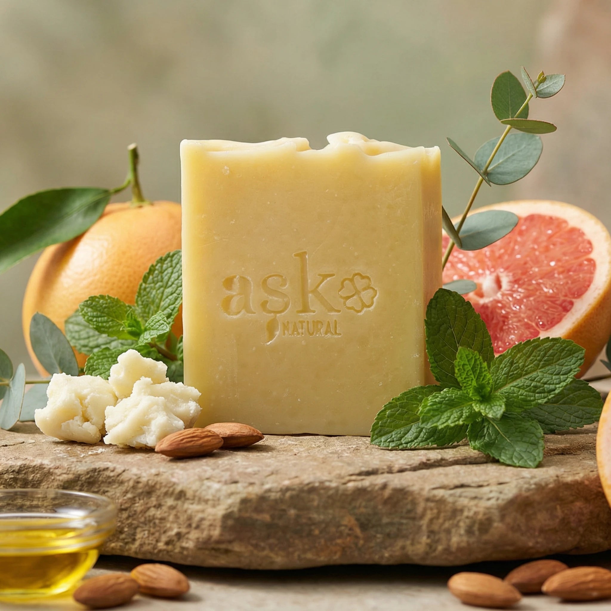 Handgemachte Haarseife 100g von ASK Natural mit natürlichen Pflegeölen auf Naturstein dekoriert.