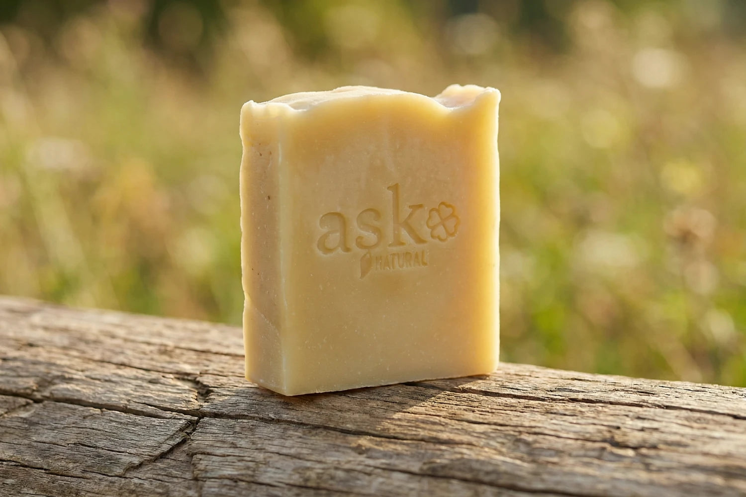 Handgemachte Hamam Naturseife von ASK Natural - mit eingeprägtem Logo auf einem Holzstamm, vor natürlichem Hintergrund.