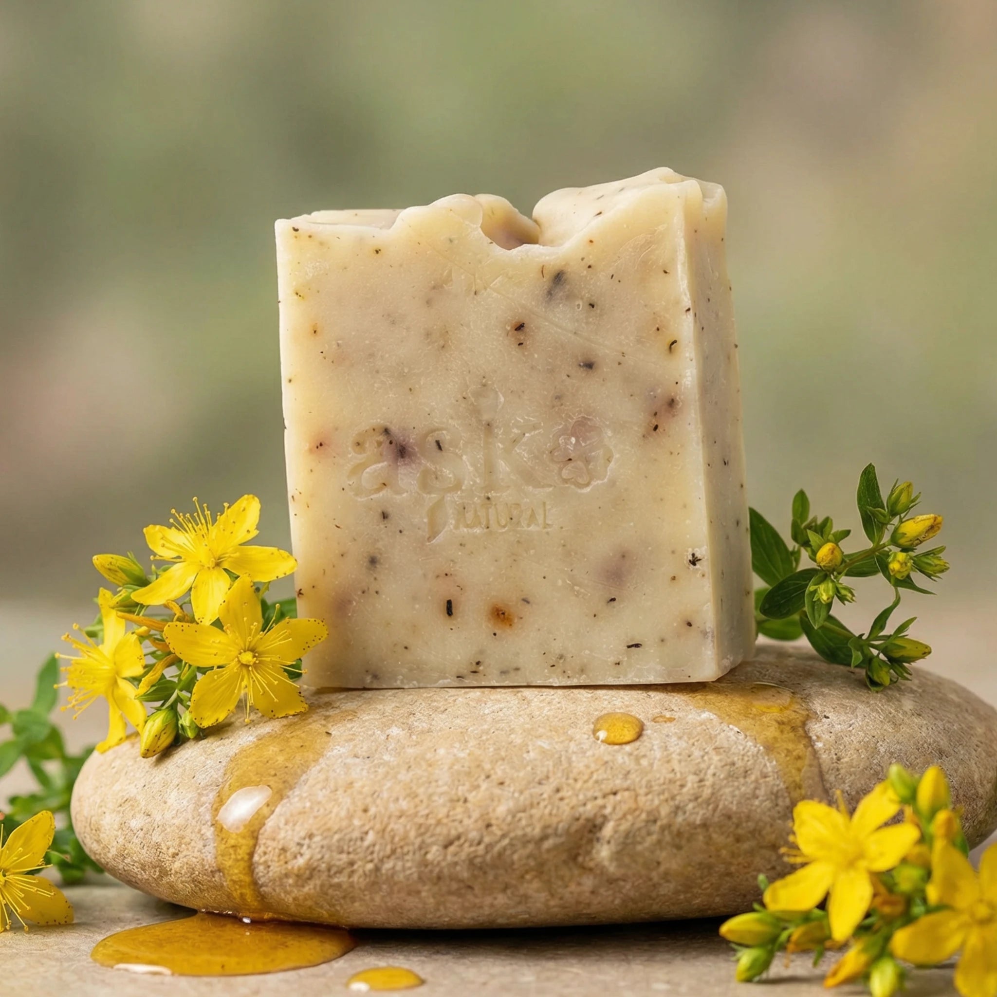 Handgemachte Johanniskrautöl Seife 100g von ASK Natural mit gelben Johanniskrautblüten auf Naturstein.