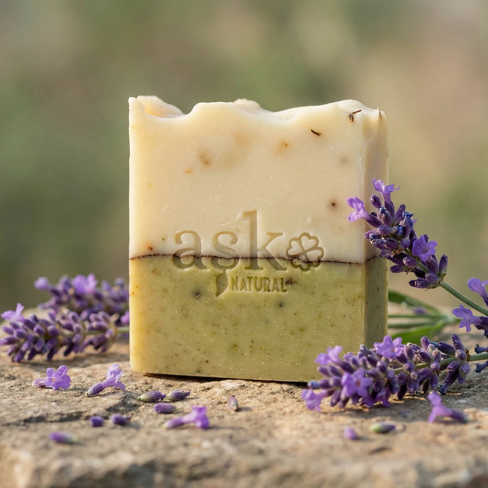 Handgemachte Lavendel Seife 100g von ASK Natural mit frischen Lavendelblüten auf Naturstein.