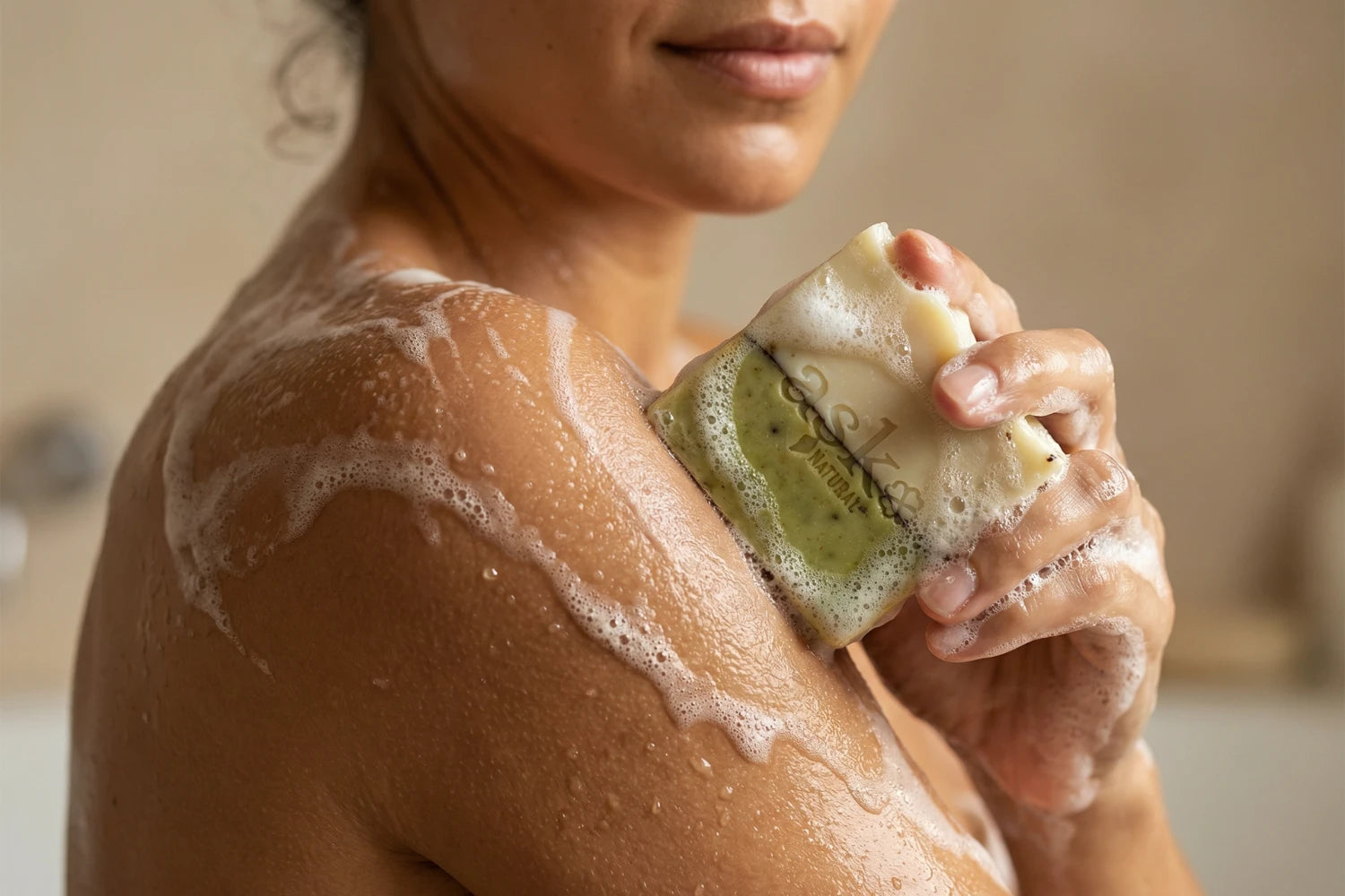 Anwendung einer handgemachten Lavendel Naturseife von ASK Natural bei der täglichen Hautpflege.