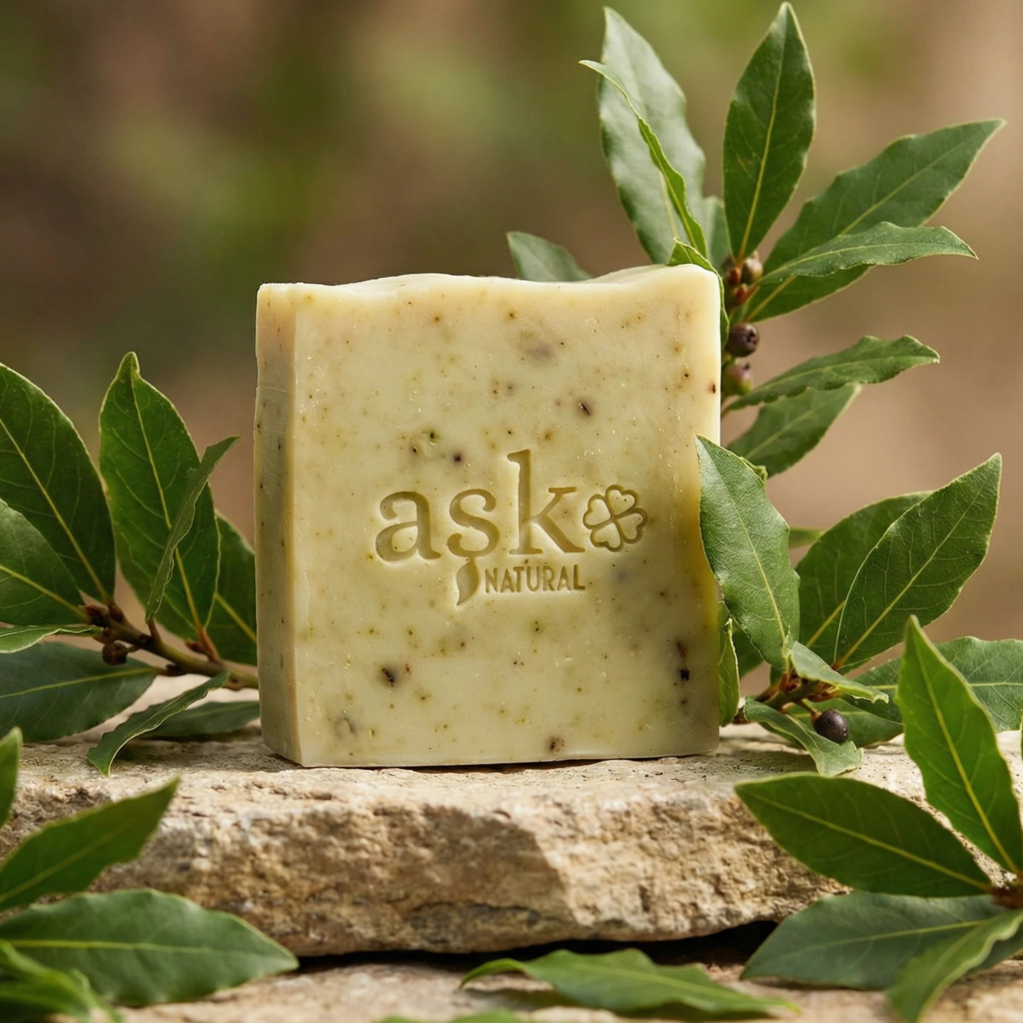 Handgemachte Lorbeer Seife 100g von ASK Natural mit grünen Lorbeerblättern auf Naturstein.