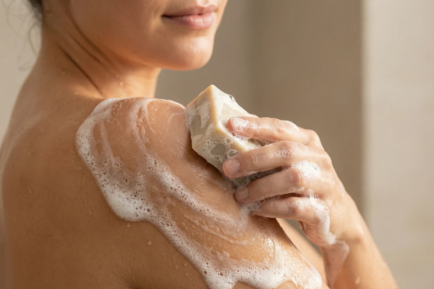 Anwendung einer handgemachten Lorbeer Naturseife von ASK Natural bei der täglichen Hautpflege.