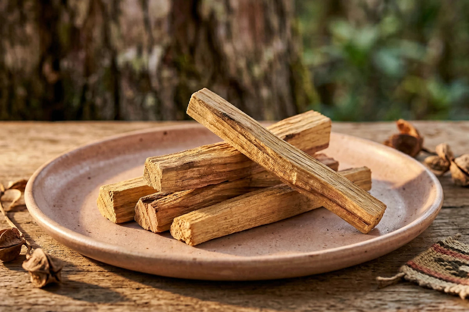 Echtes Palo Santo aus Peru auf natürlicher Oberfläche, in natürlicher Umgebung. Nachhaltig und zertifiziert geerntet.