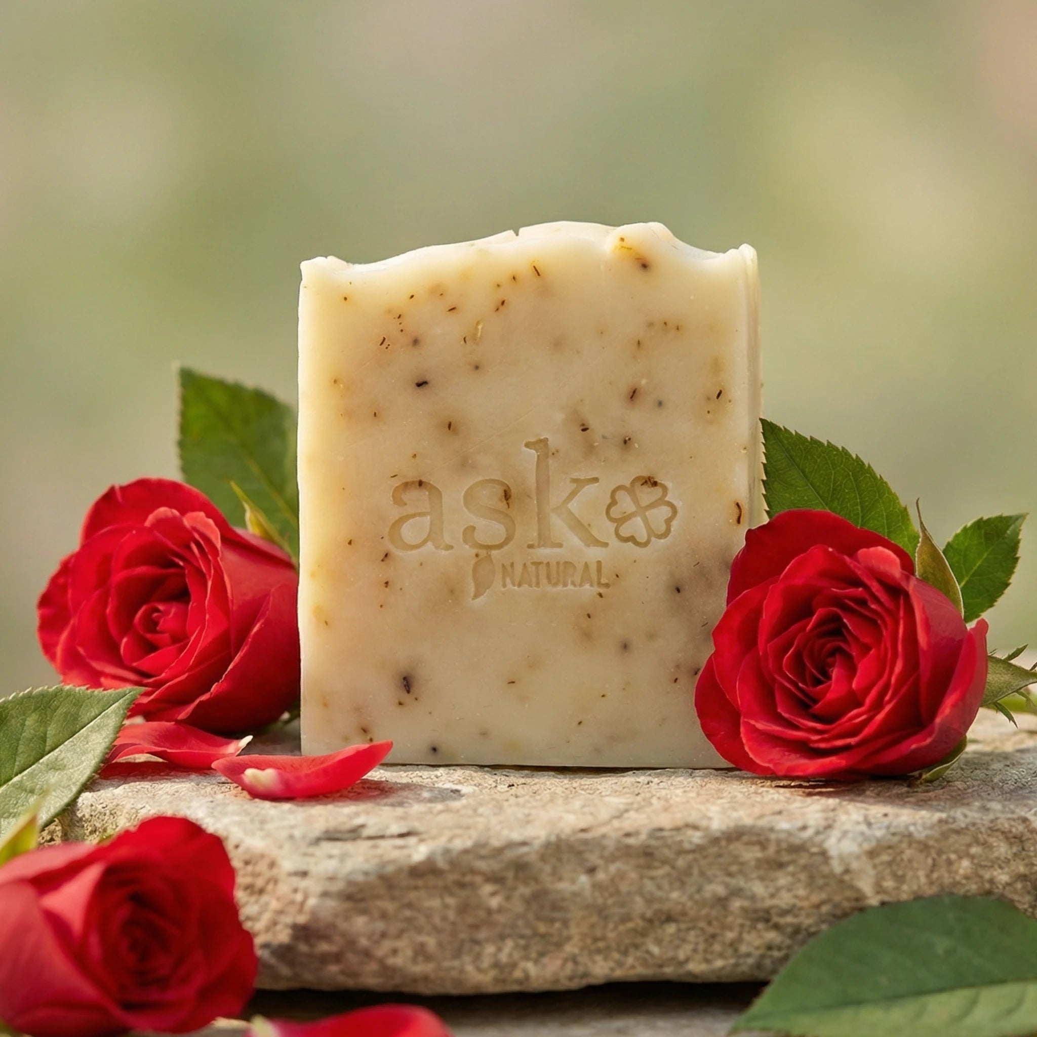 Handgemachte Rosen Seife 100g von ASK Natural mit roten Rosenblüten auf Naturstein.
