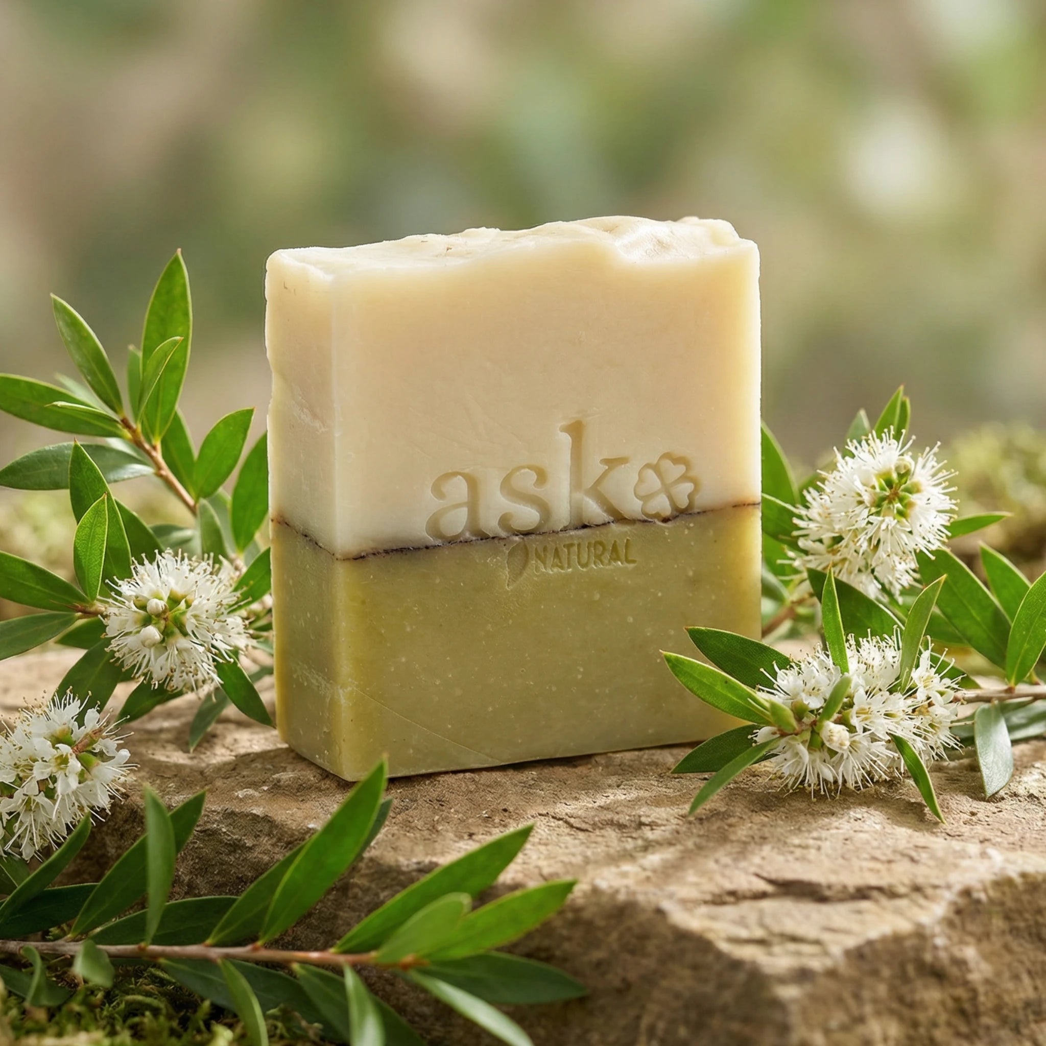 Handgemachte Teebaumöl Seife 100g von ASK Natural mit dunklen Samen auf Naturstein.