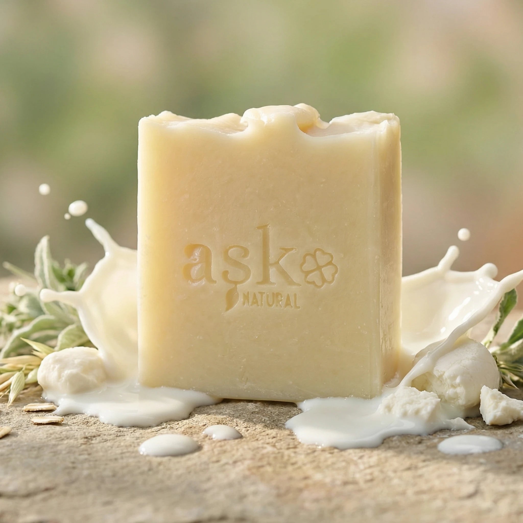 Handgemachte Ziegenmilch Seife 100g von ASK Natural mit Ziegenmilch und Hafer auf Naturstein dekoriert.