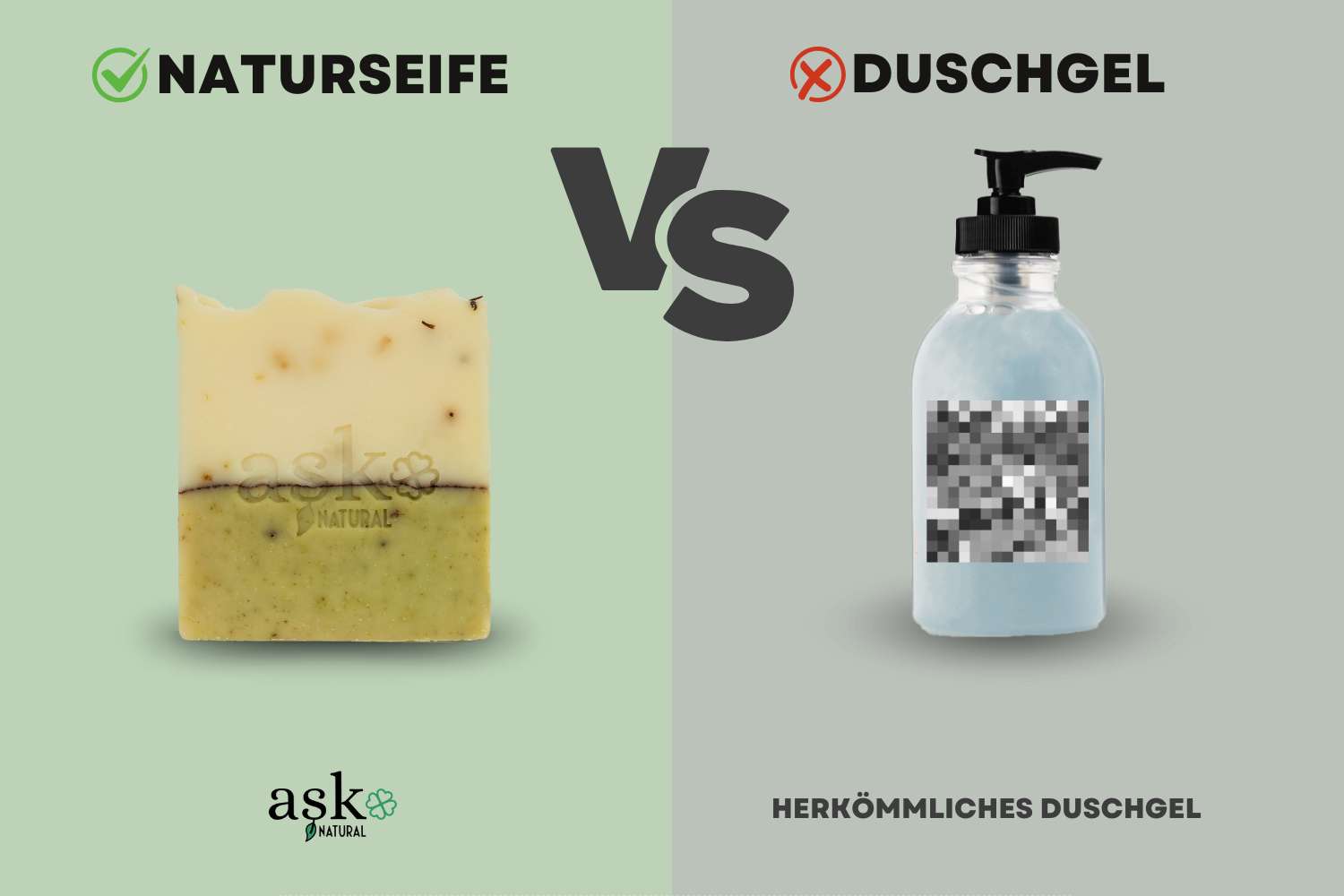 Es ist der Unterschied zwischen eine Naturseife und einem herkömmliches Duschgel zu sehen. Der Unterschied ist eindeutig zu sehen. Die Naturseife ist gut für Dich und die Umwelt.