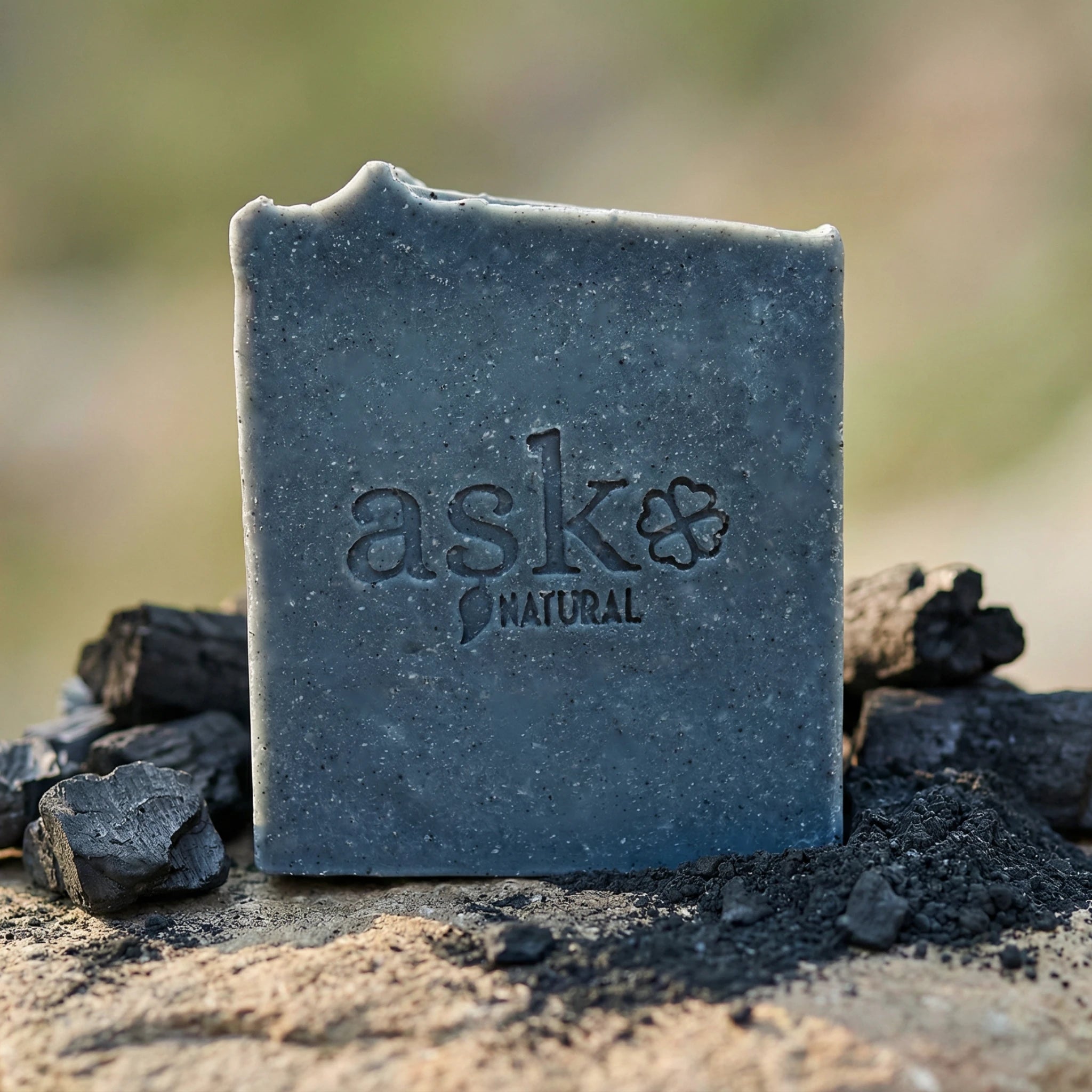 Handgemachte Aktivkohle Seife 100g von ASK Natural mit Holzkohlestücken auf Naturstein dekoriert.
