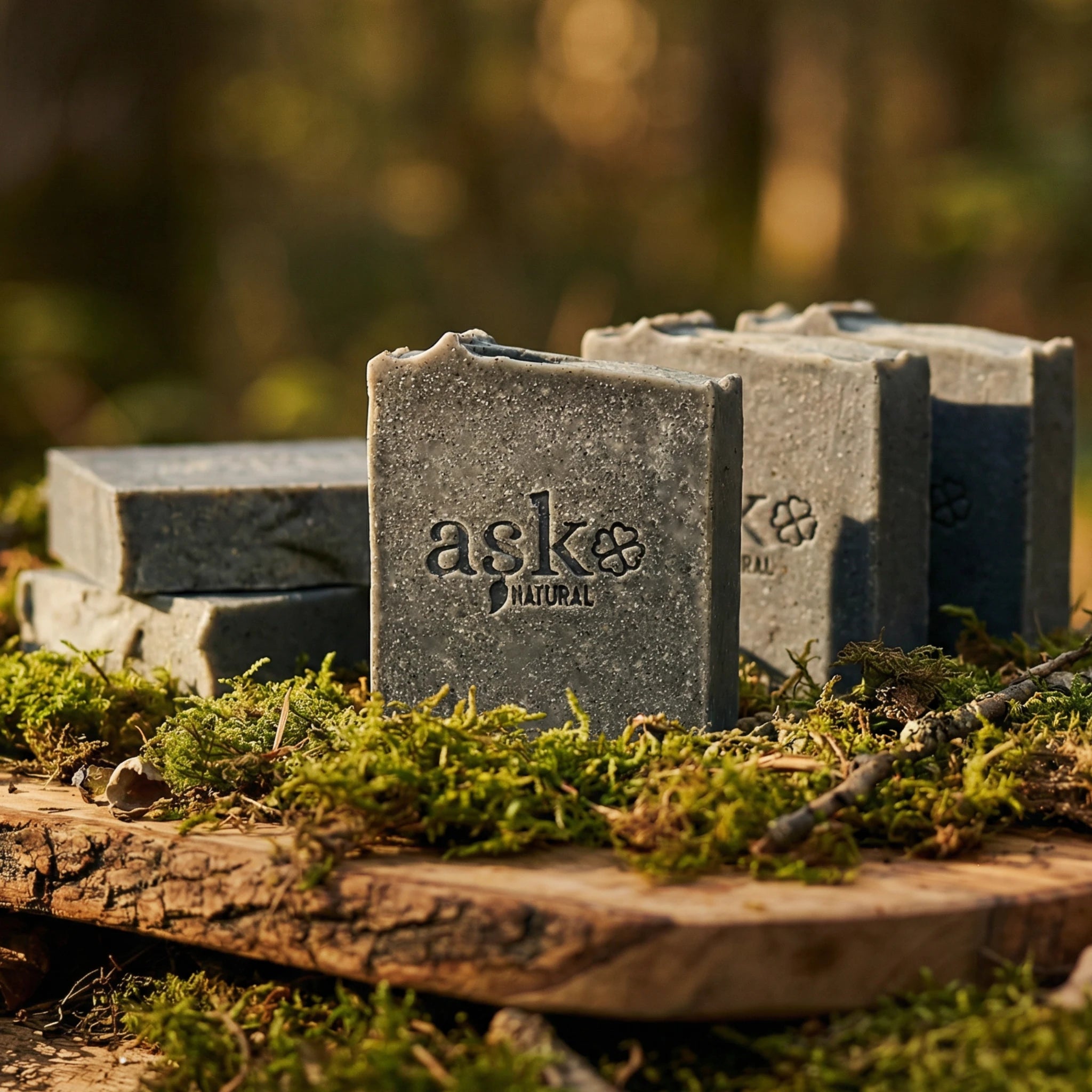 Mehrere handgemachte Aktivkohle Seifen von ASK Natural als Set auf natürlichem Holz und Moos platziert, ideal für Kombination und Mengenrabatt.