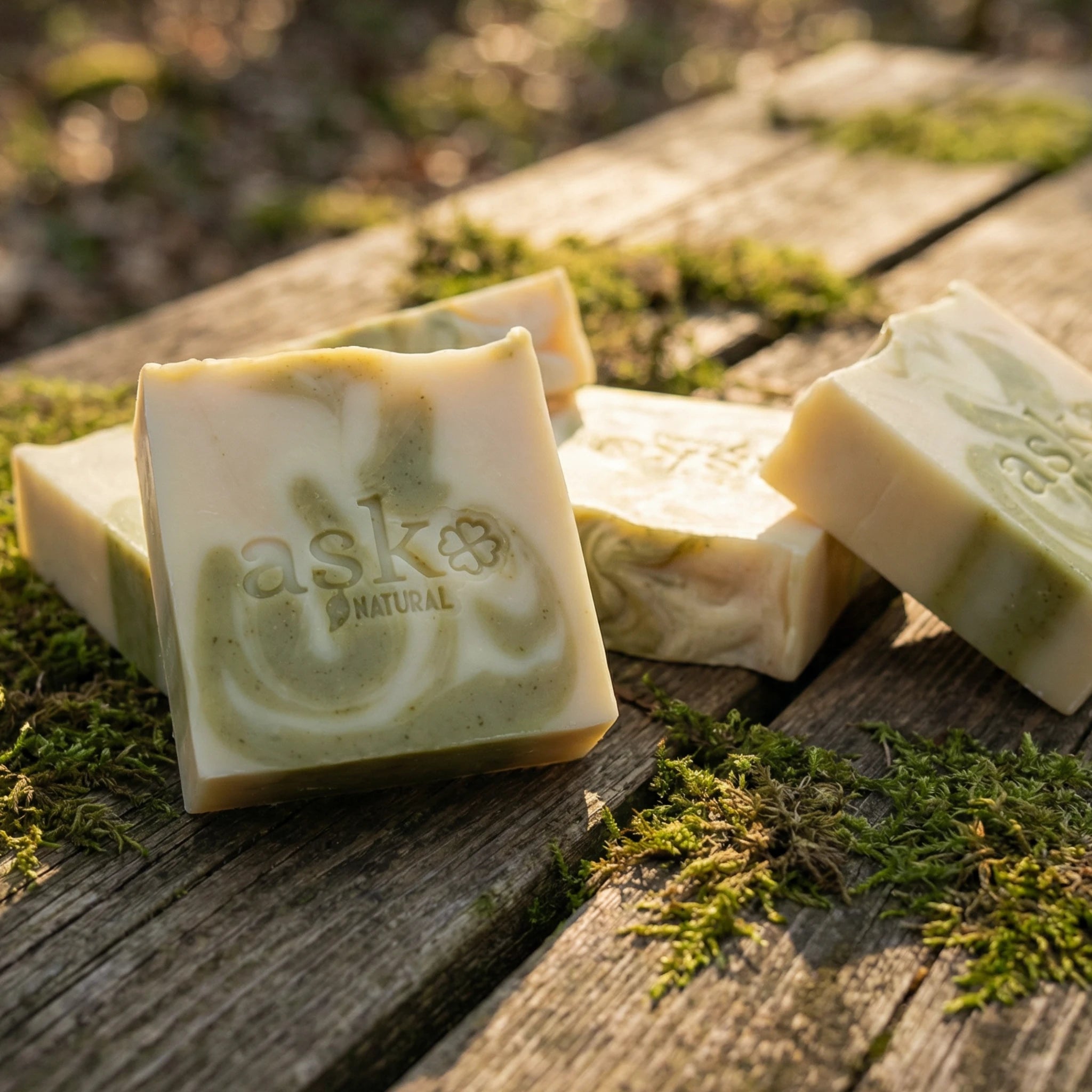 Mehrere handgemachte Aloe Vera Seifen von ASK Natural als Set auf natürlichem Holz und Moos platziert, ideal für Kombination und Mengenrabatt.