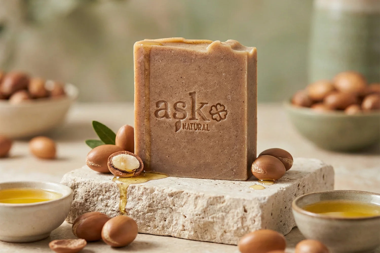 Handgemachte Argan Naturseife von ASK Natural mit natürlichen Inhaltsstoffen auf Stein, in natürlicher Umgebung.