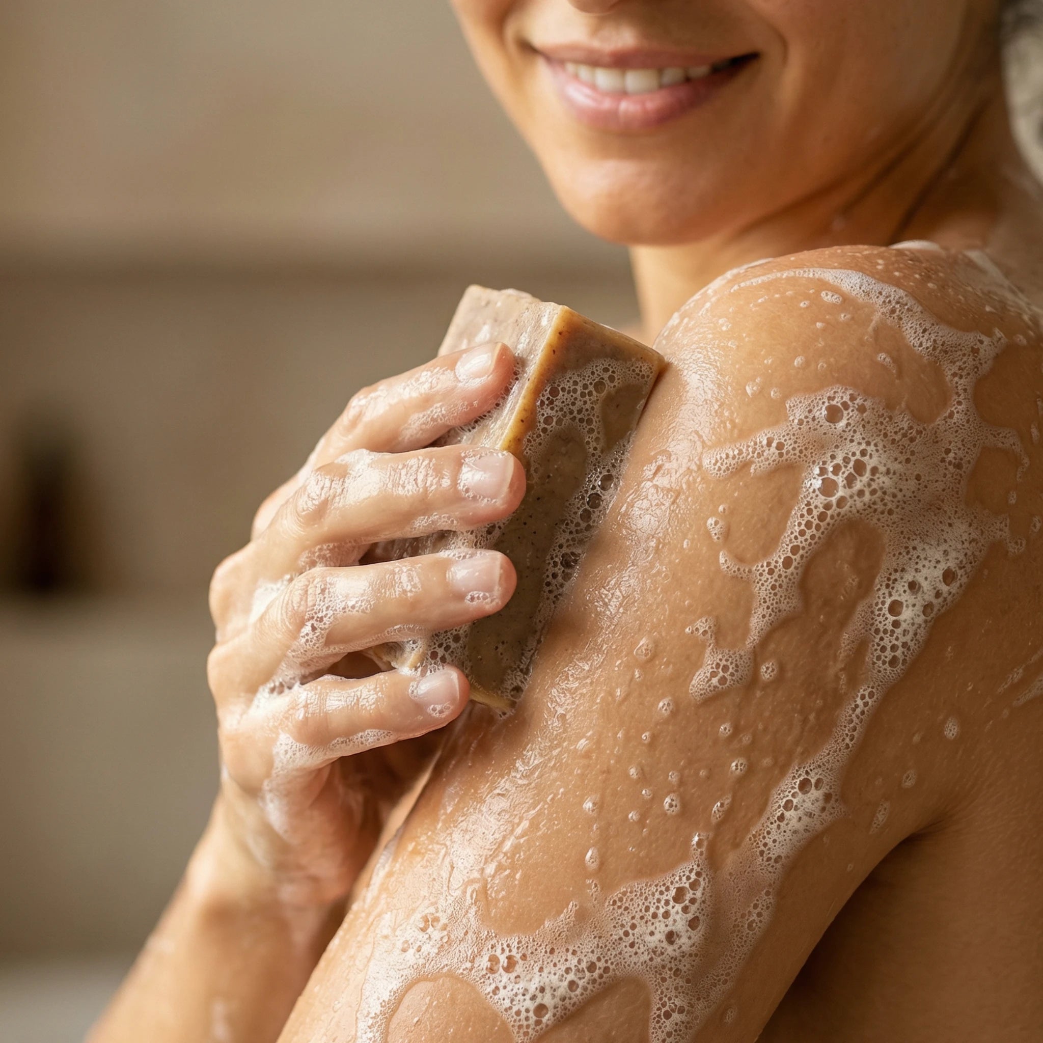 Frau hält handgemachte Arganöl Seife von ASK Natural mit cremigem Schaum in den Händen während der Anwendung.