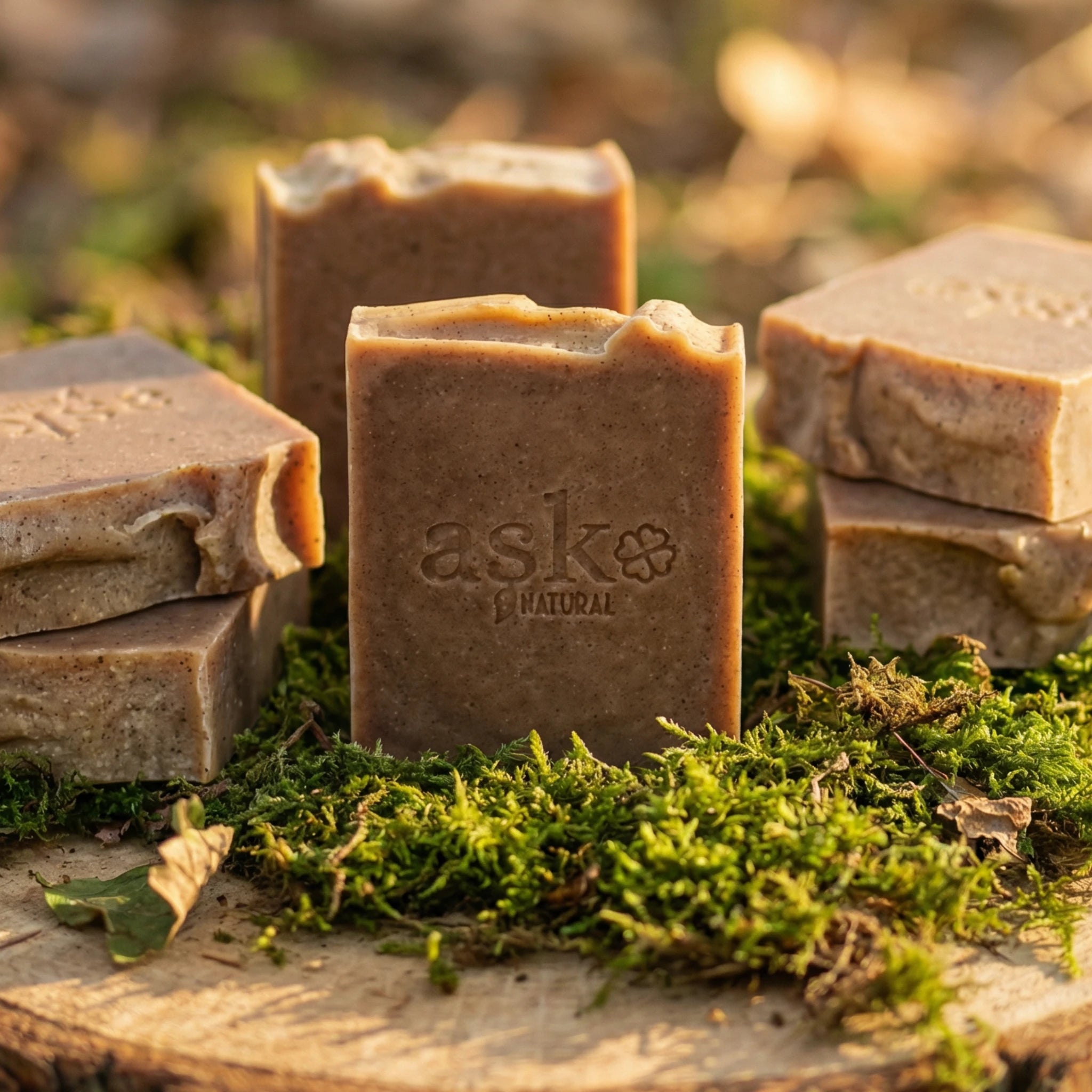 Mehrere handgemachte Arganöl Seifen von ASK Natural als Set auf natürlichem Holz und Moos platziert, ideal für Kombination und Mengenrabatt.