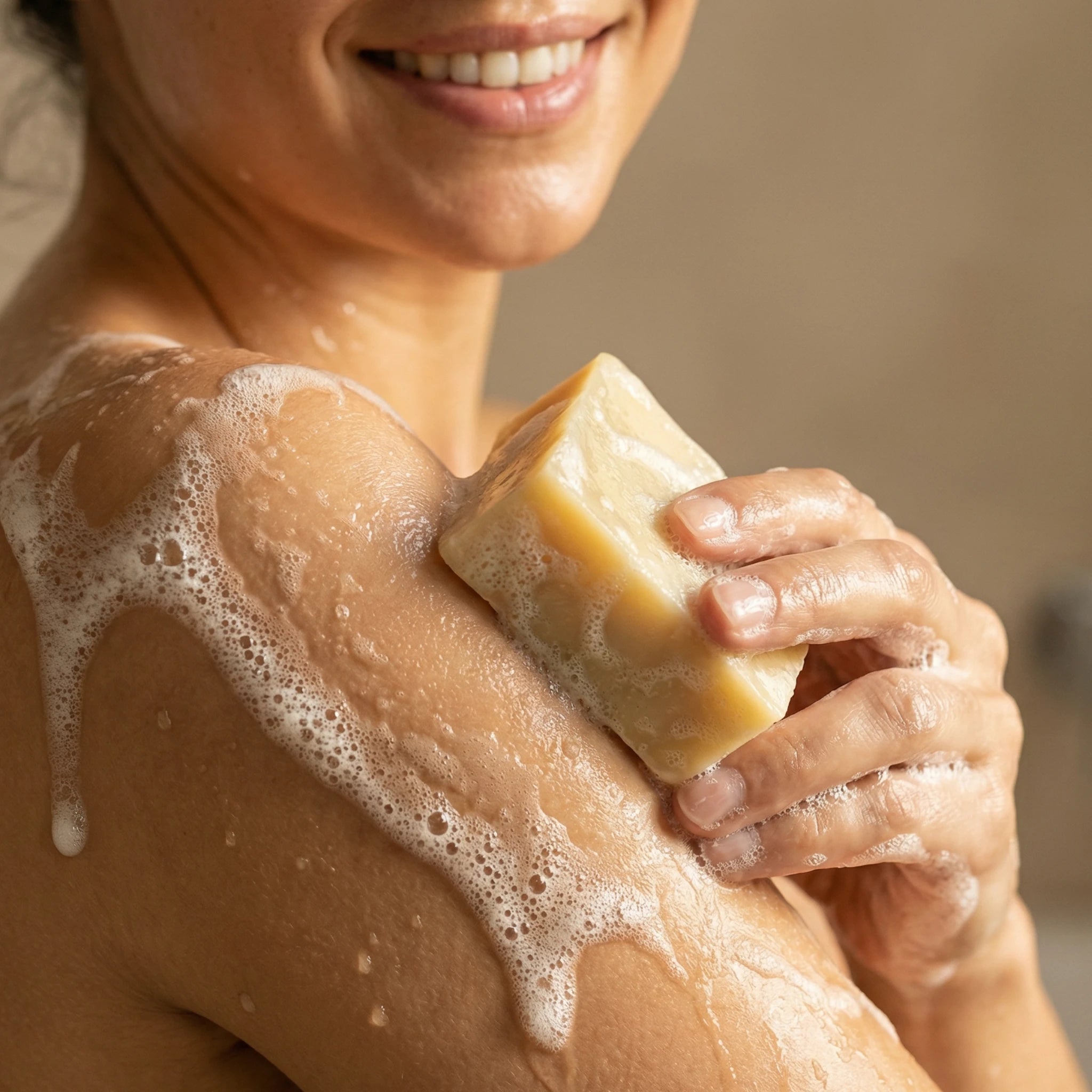 Frau hält handgemachte Eselsmilch Seife von ASK Natural mit cremigem Schaum in den Händen während der Anwendung.