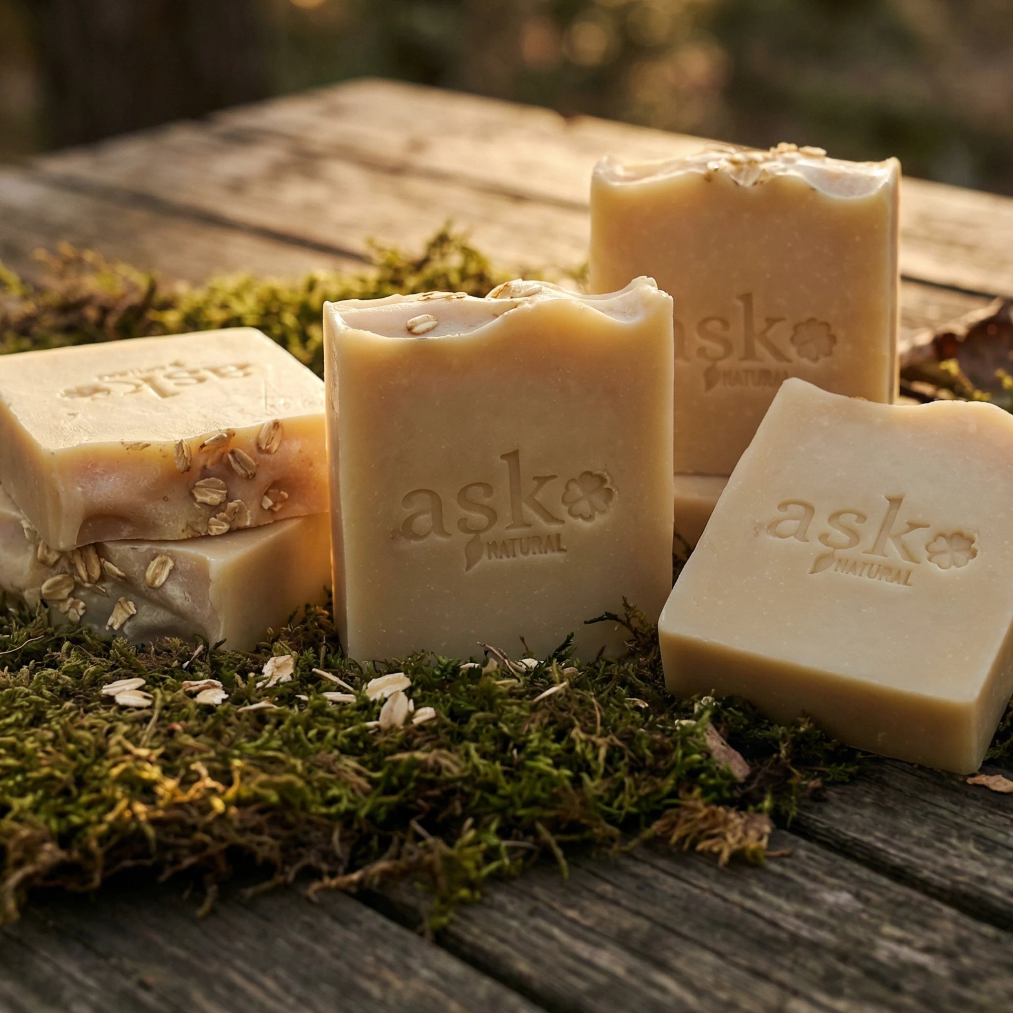 Mehrere handgemachte Eselsmilch Seifen von ASK Natural als Set auf natürlichem Holz und Moos platziert, ideal für Kombination und Mengenrabatt.