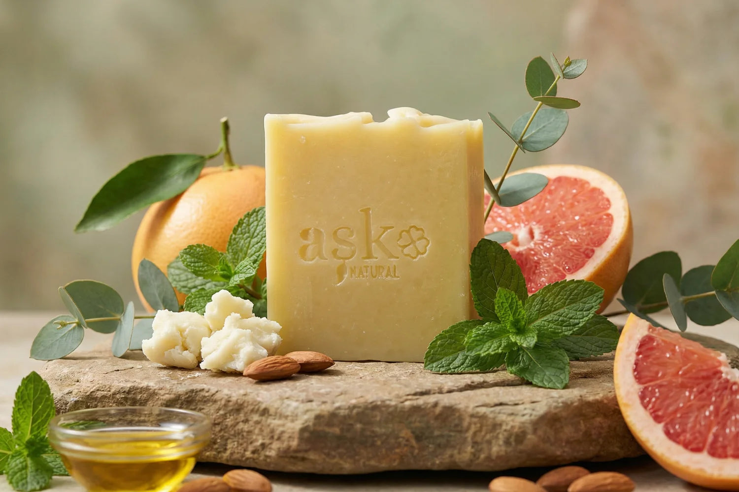 Handgemachte Haarseife von ASK Natural mit natürlichen Inhaltsstoffen auf Stein, in natürlicher Umgebung.