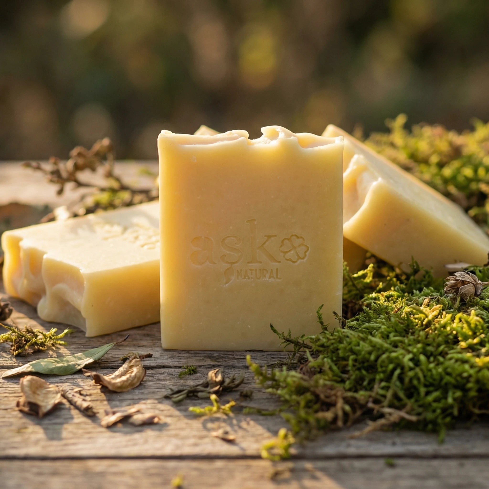Mehrere handgemachte Haarseifen von ASK Natural als Set auf natürlichem Holz und Moos platziert, ideal für Kombination und Mengenrabatt.