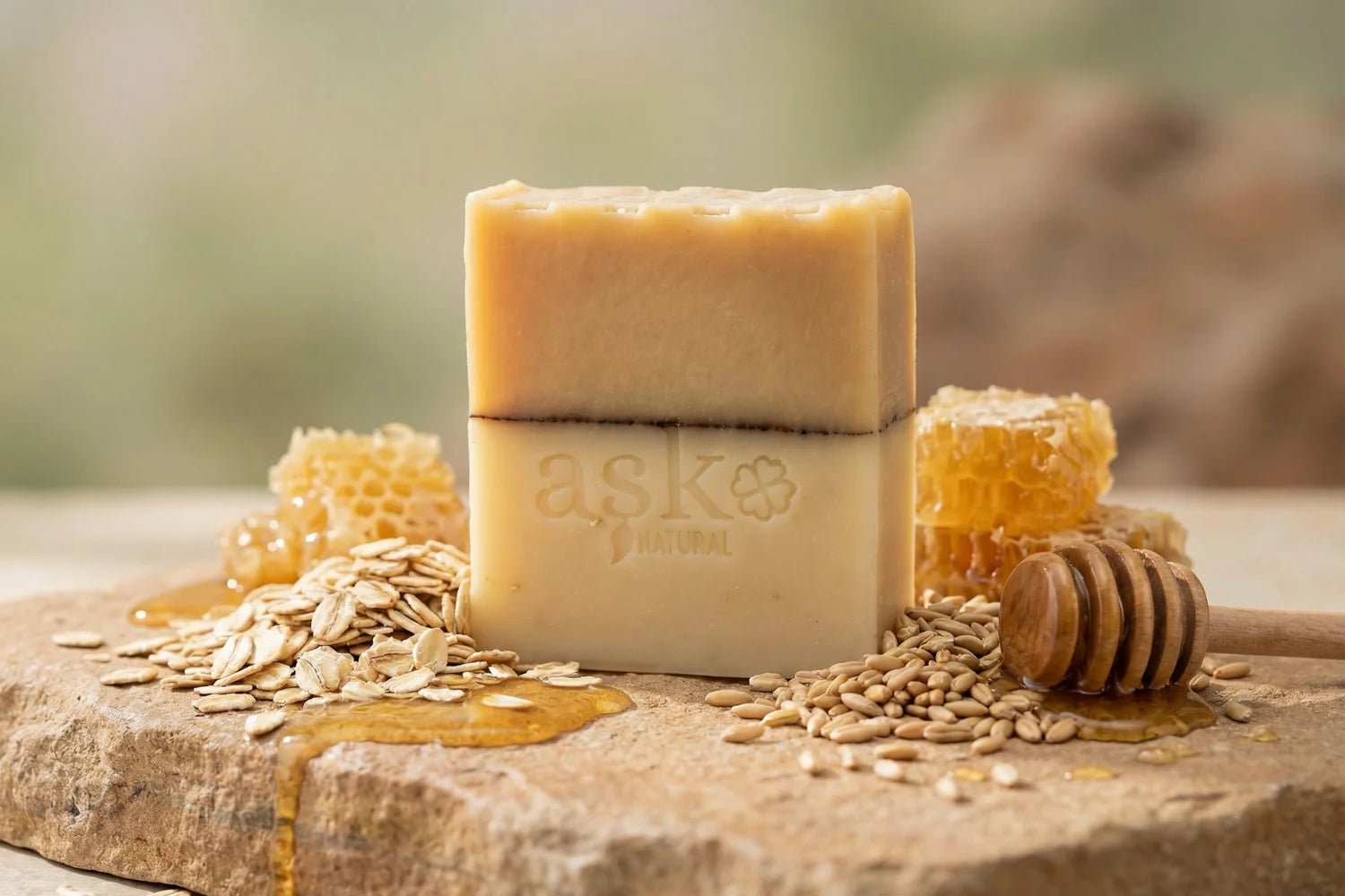 Handgemachte Hafer-Honig Naturseife von ASK Natural mit natürlichen Inhaltsstoffen auf Stein, in natürlicher Umgebung.