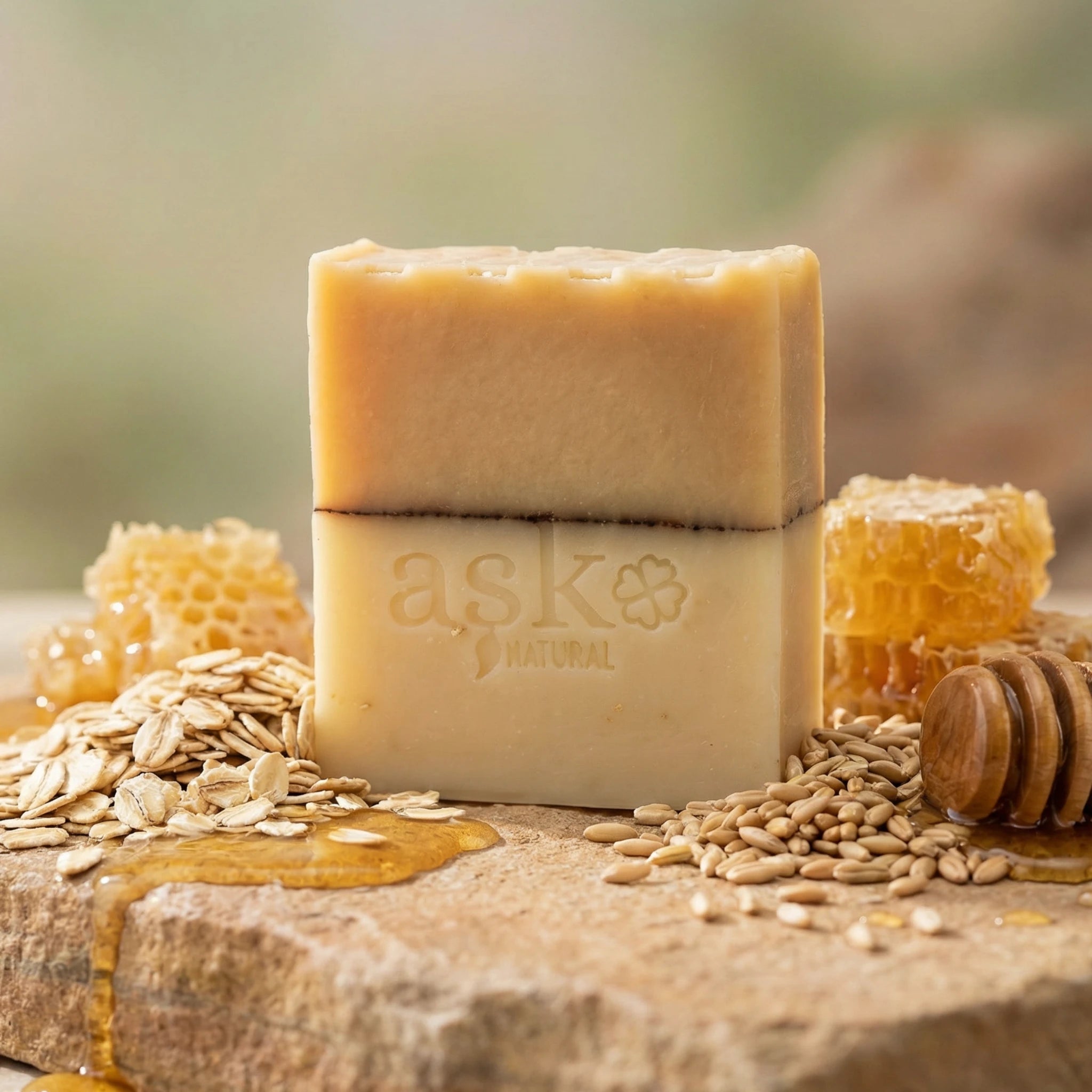 Handgemachte Hafer Honig Seife 100g von ASK Natural mit Haferflocken und Honig auf Naturstein.