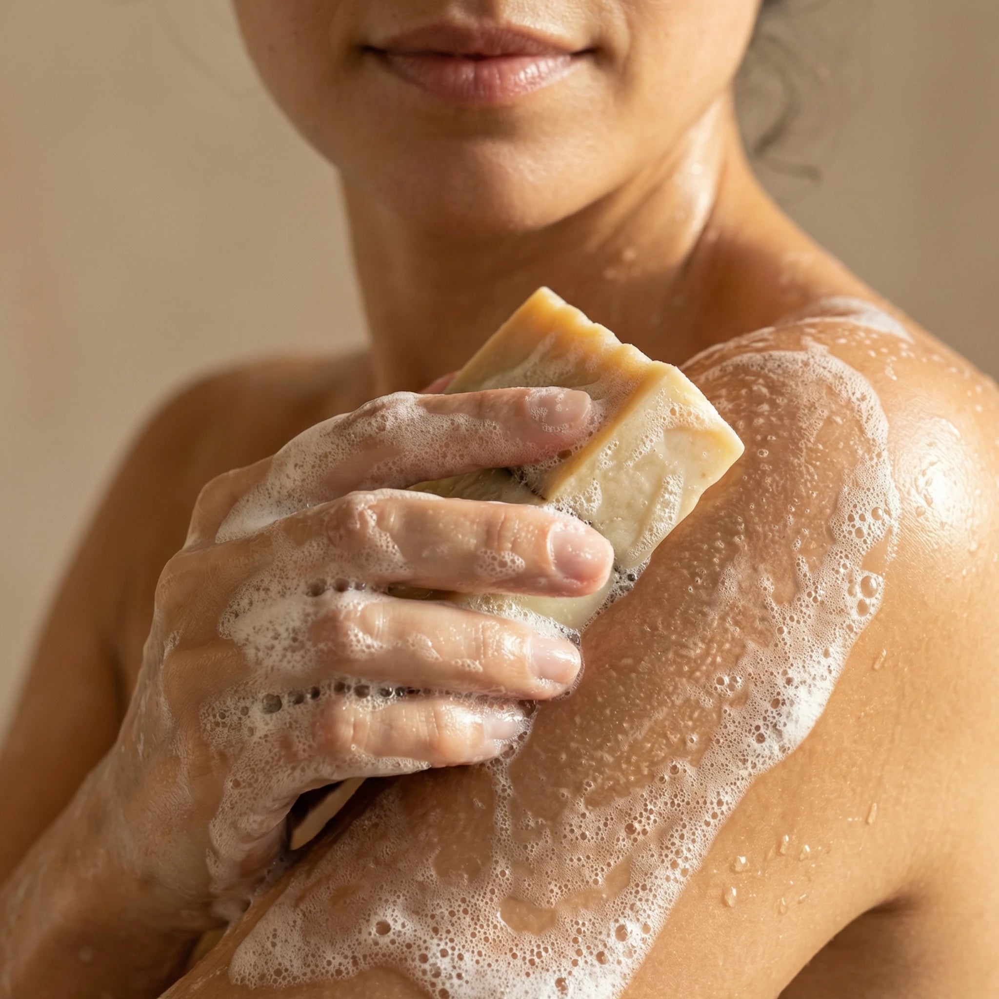 Frau hält handgemachte Hafer Honig Seife von ASK Natural mit cremigem Schaum in den Händen während der Anwendung.