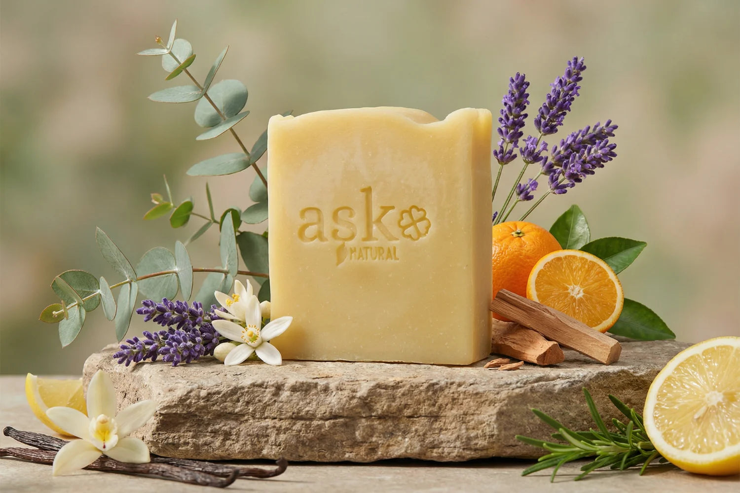 Handgemachte Hamam Naturseife von ASK Natural mit natürlichen Inhaltsstoffen auf Stein, in natürlicher Umgebung.