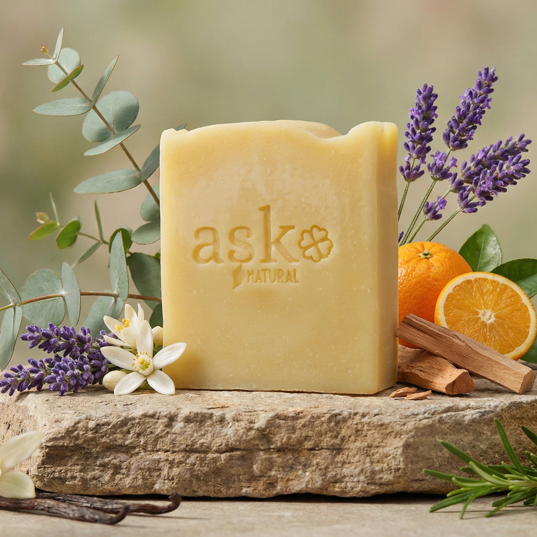 Handgemachte Hamam Seife 100g von ASK Natural mit Lavendelblüten und Orangenscheiben auf Naturstein.
