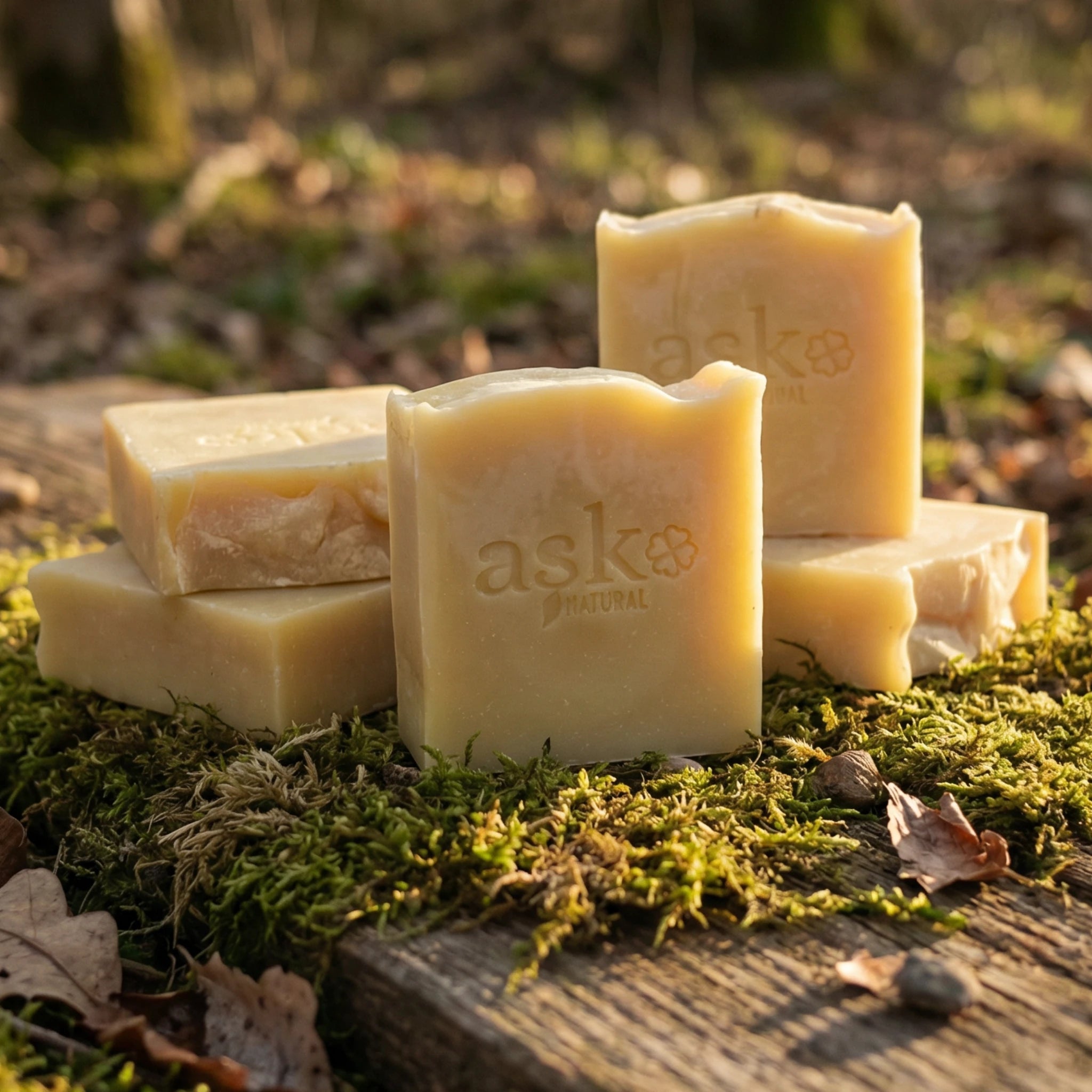 Mehrere handgemachte Hamam Seifen von ASK Natural als Set auf natürlichem Holz und Moos platziert, ideal für Kombination und Mengenrabatt.