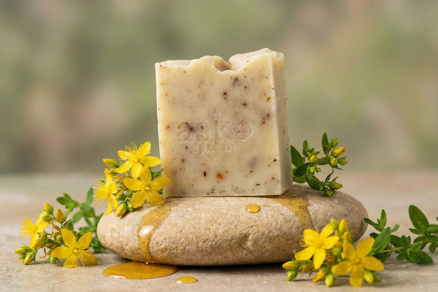 Handgemachte Johanniskrautöl Naturseife von ASK Natural mit natürlichen Inhaltsstoffen auf Stein, in natürlicher Umgebung.
