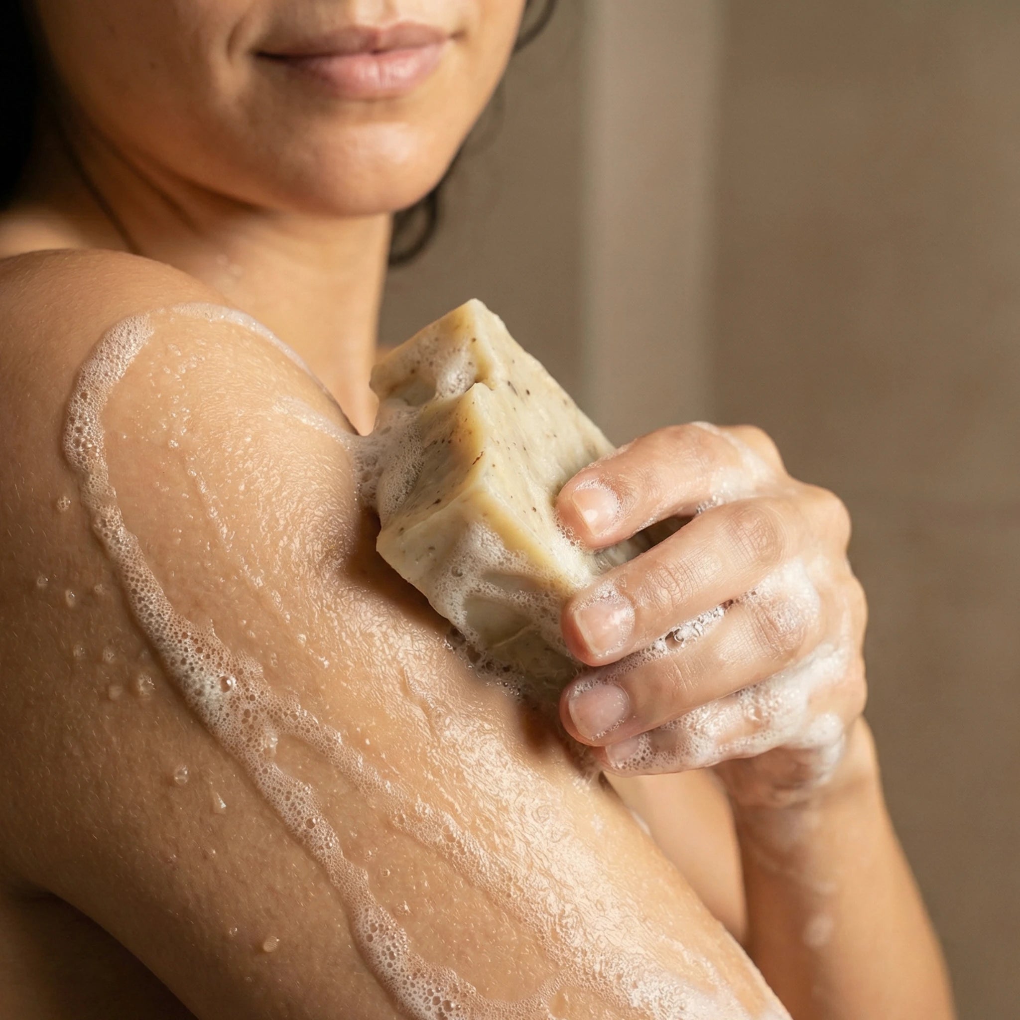 Frau hält handgemachte Johanniskrautöl Seife von ASK Natural mit cremigem Schaum in den Händen während der Anwendung.
