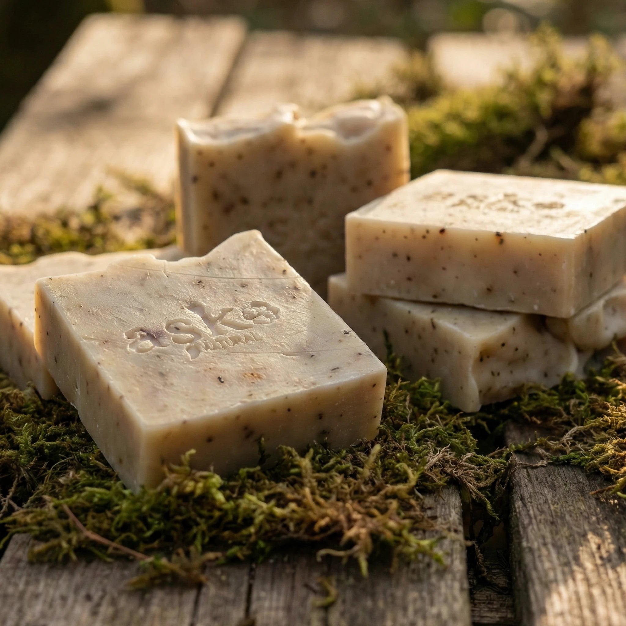 Mehrere handgemachte Johanniskrautöl Seifen von ASK Natural als Set auf natürlichem Holz und Moos platziert, ideal für Kombination und Mengenrabatt.