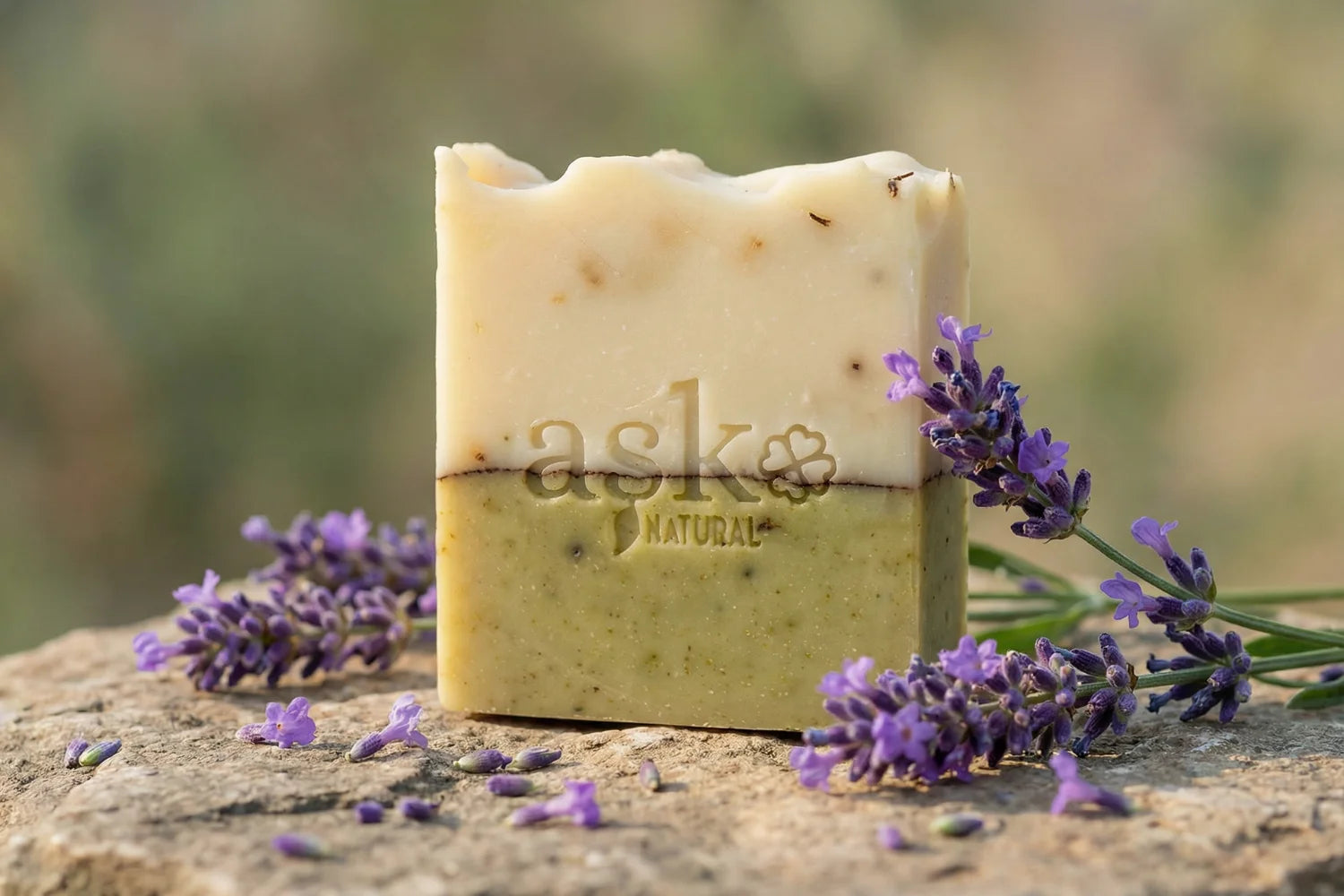 Handgemachte Lavendel Naturseife von ASK Natural mit natürlichen Inhaltsstoffen auf Stein, in natürlicher Umgebung.