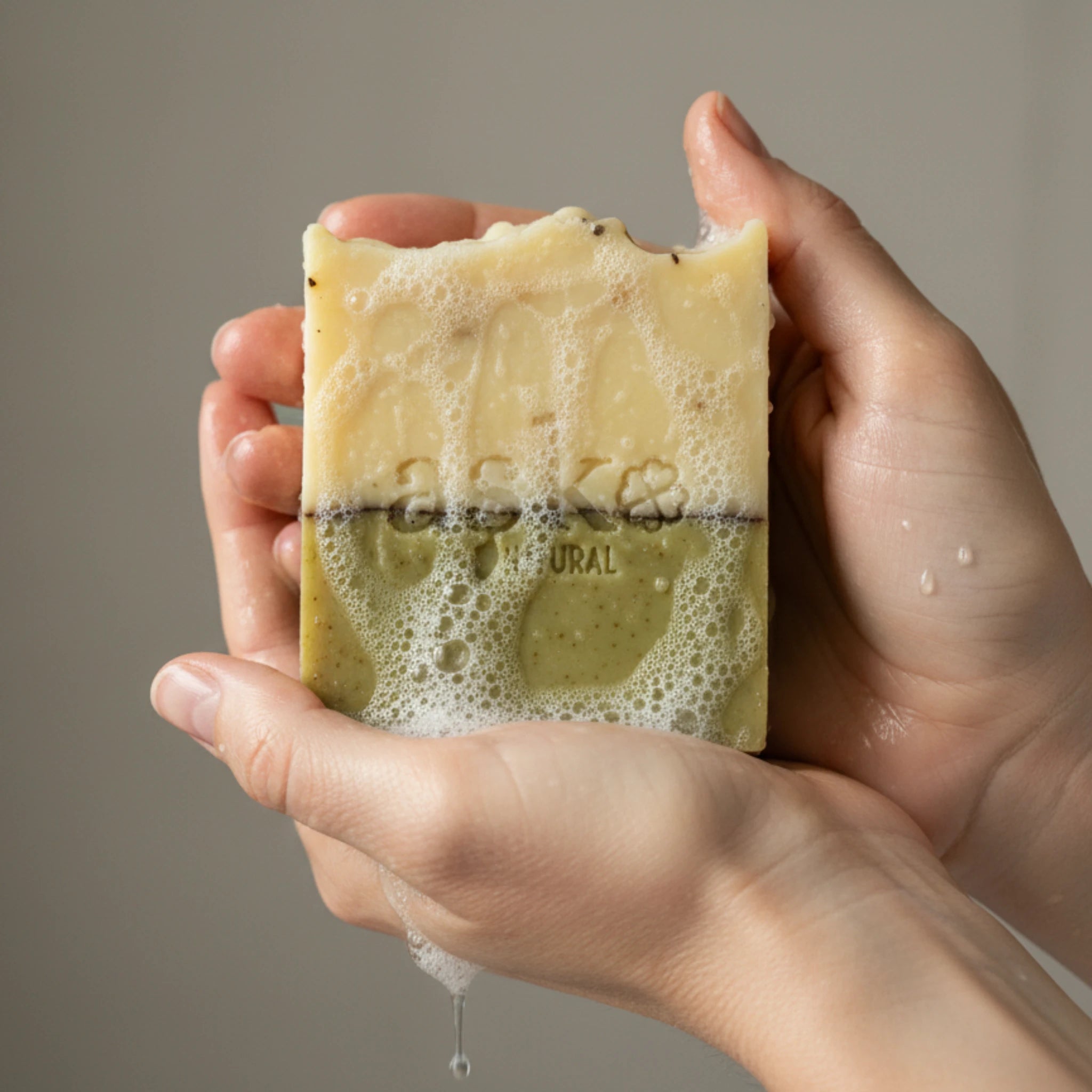 Nahaufnahme einer handgemachten Lavendel Seife von ASK Natural mit natürlicher Textur und cremigem Schaum in den Händen, hergestellt im traditionellen Kaltverfahren.