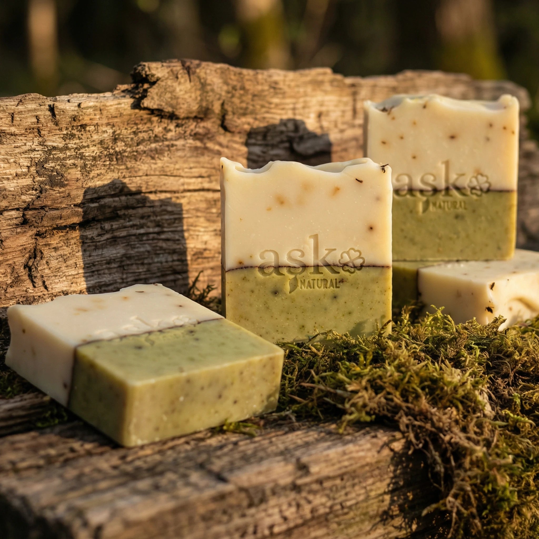 Mehrere handgemachte Lavendel Seifen von ASK Natural als Set auf natürlichem Holz und Moos platziert, ideal für Kombination und Mengenrabatt.