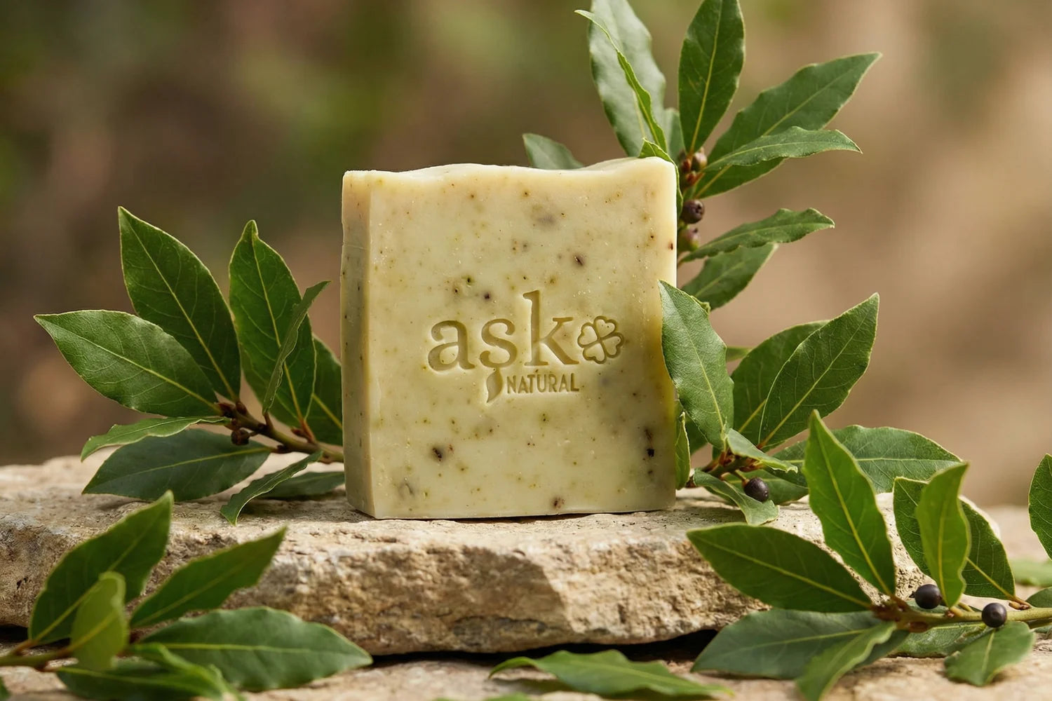 Handgemachte Lorbeer Naturseife von ASK Natural mit natürlichen Inhaltsstoffen auf Stein, in natürlicher Umgebung.