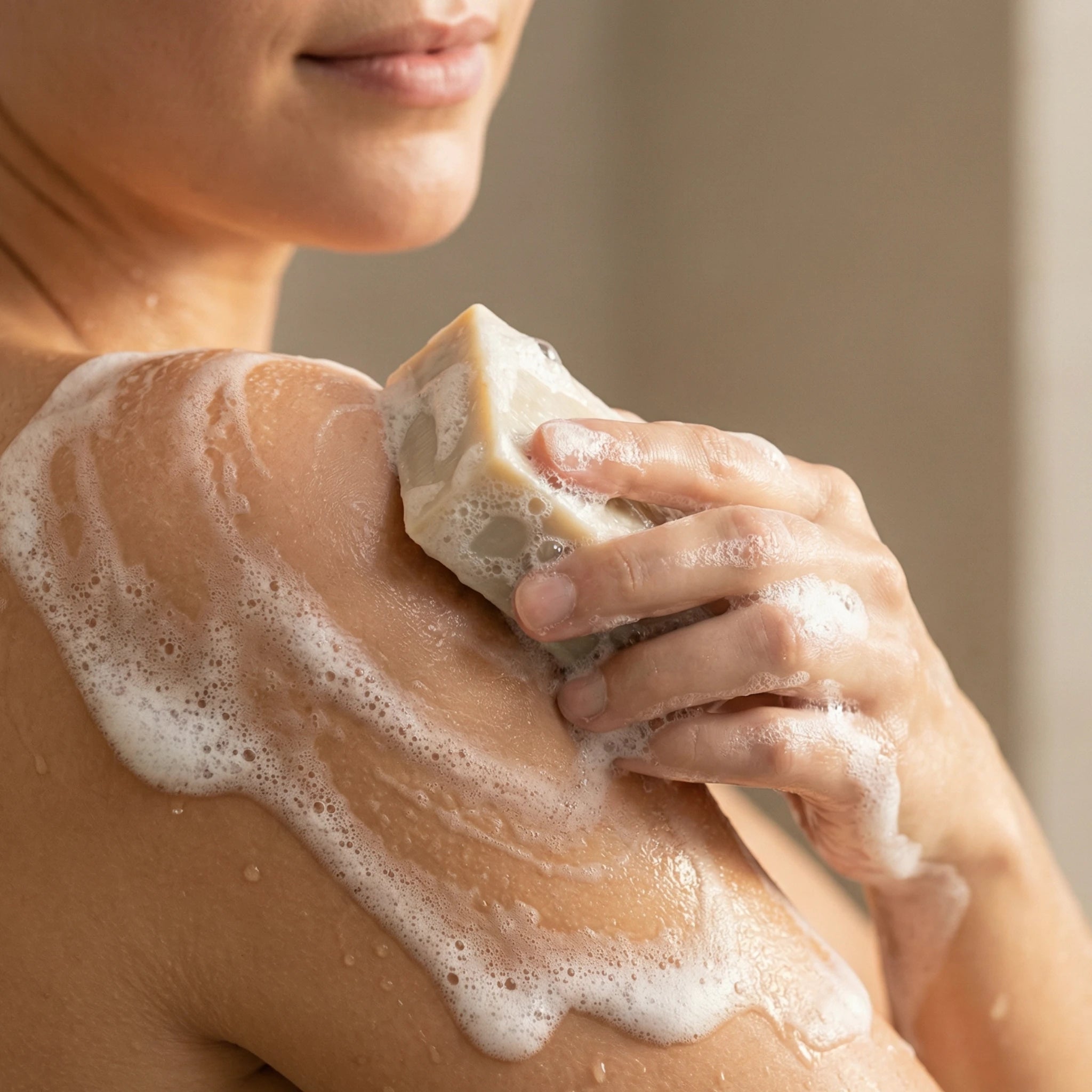 Frau hält handgemachte Lorbeer Seife von ASK Natural mit cremigem Schaum in den Händen während der Anwendung.
