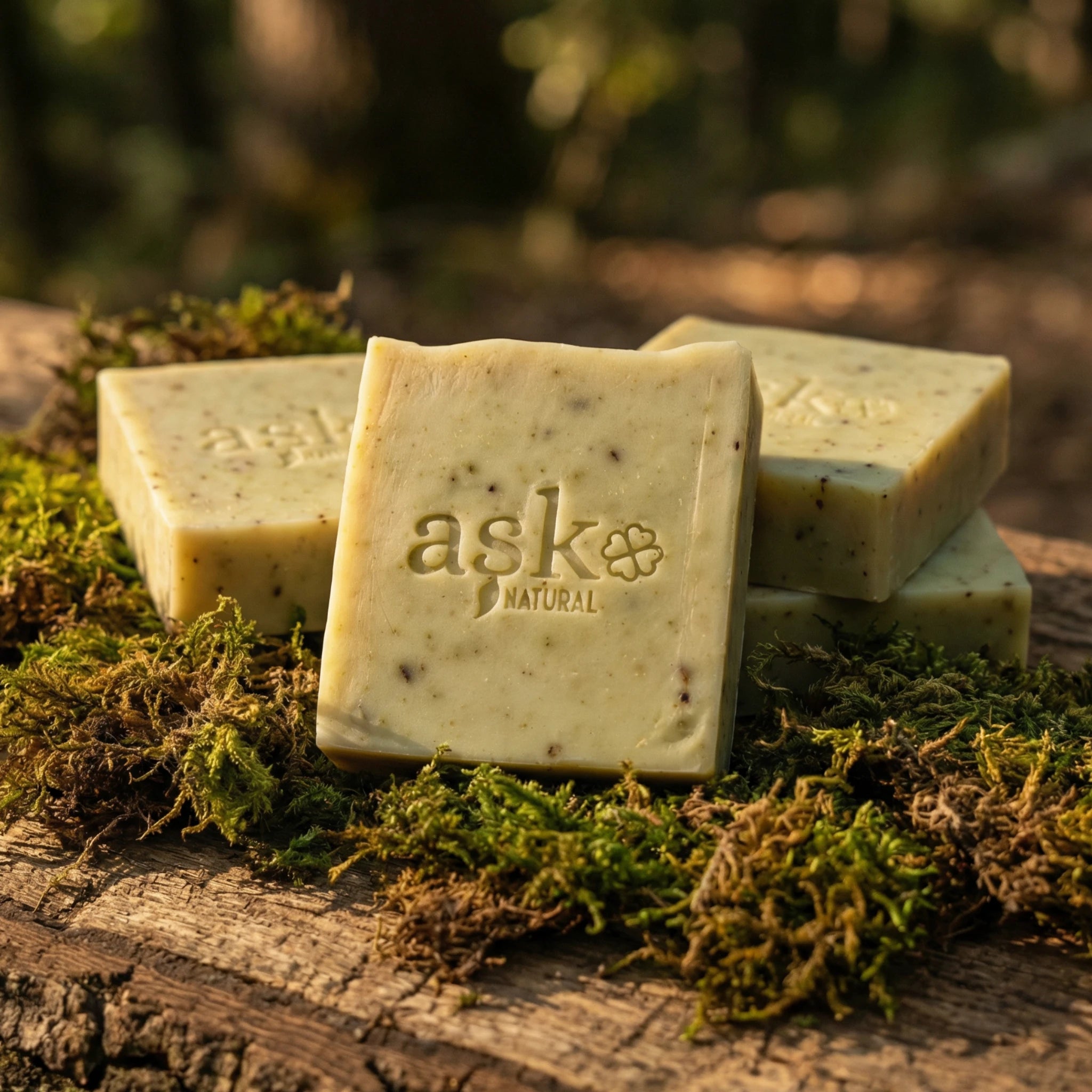 Mehrere handgemachte Lorbeer Seifen von ASK Natural als Set auf natürlichem Holz und Moos platziert, ideal für Kombination und Mengenrabatt.