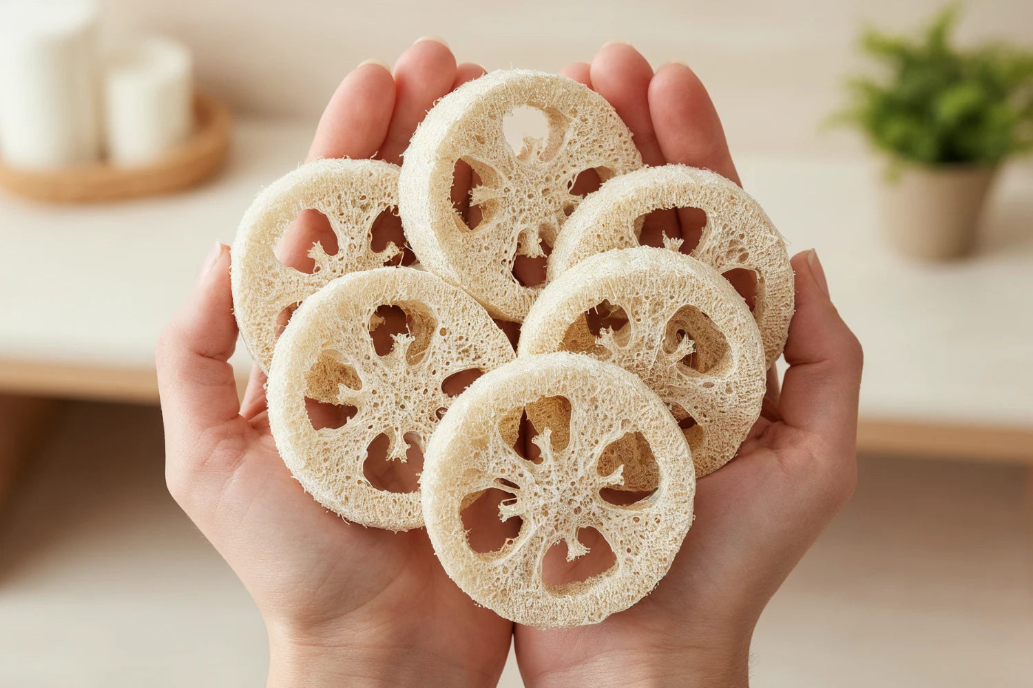 Sechs Natürliche Luffa-Scheiben in einer Hand. Sanftes natürliches Peeling.