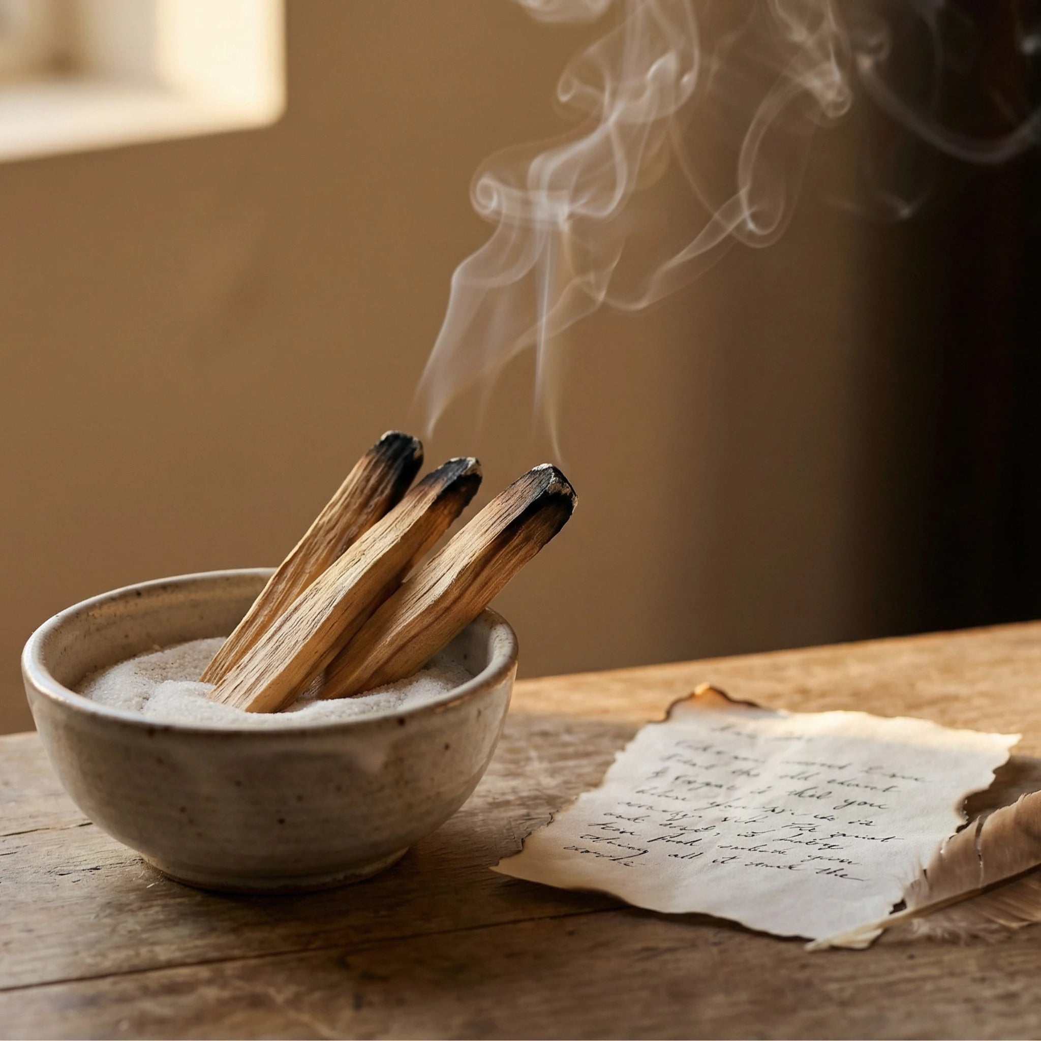 Mehrere glimmende Palo Santo Sticks in einer Schale, sanfter Rauch steigt auf, daneben liegt ein teilweise verbrannter Brief -symbolisches Ritual des Loslassens.