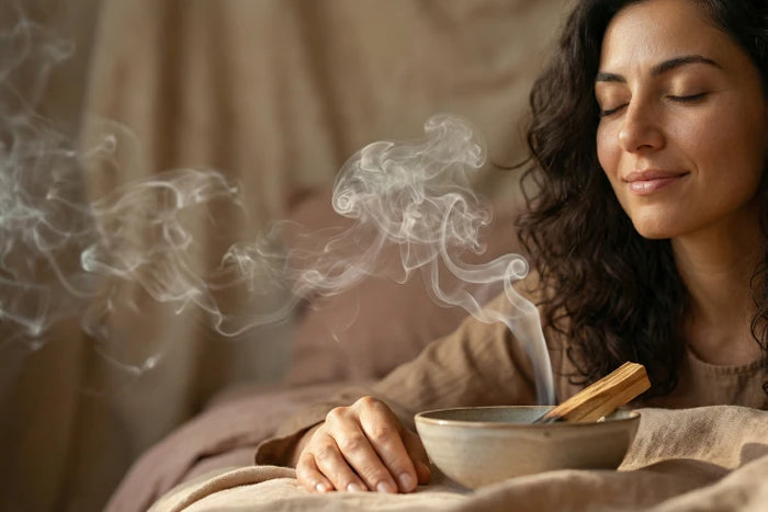 Räucherndes Palo Santo auf einer Schale, während sanfter Rauch in den Raum steigt.